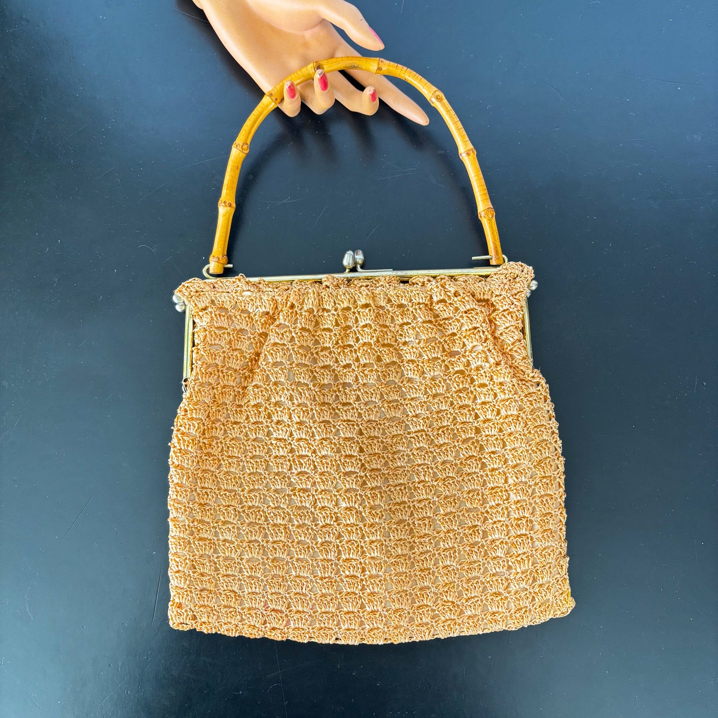 1950s/60s Raffia Bamboo Handle Handbag