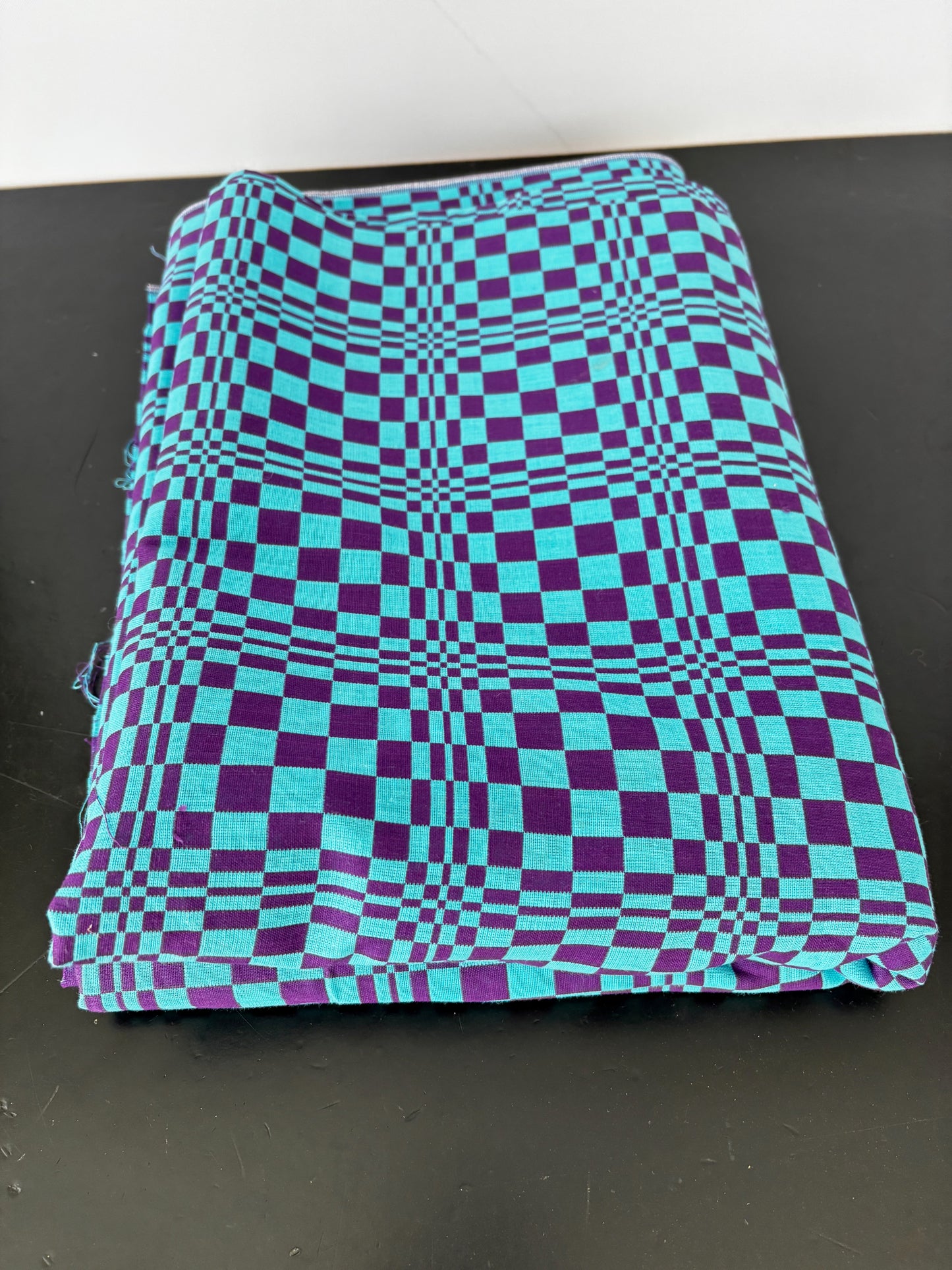 4m 1960s Psychedelic Op Art Fabric – Blue Purple Wool Blend Deadstock