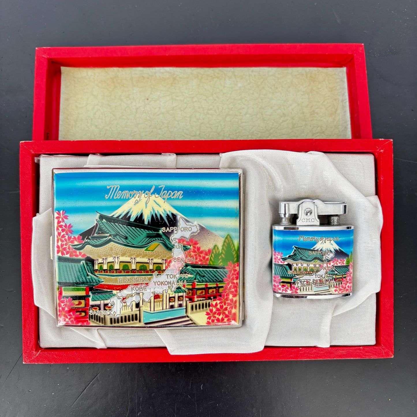 1950s Souvenir Enamel Cigarette Case and Lighter