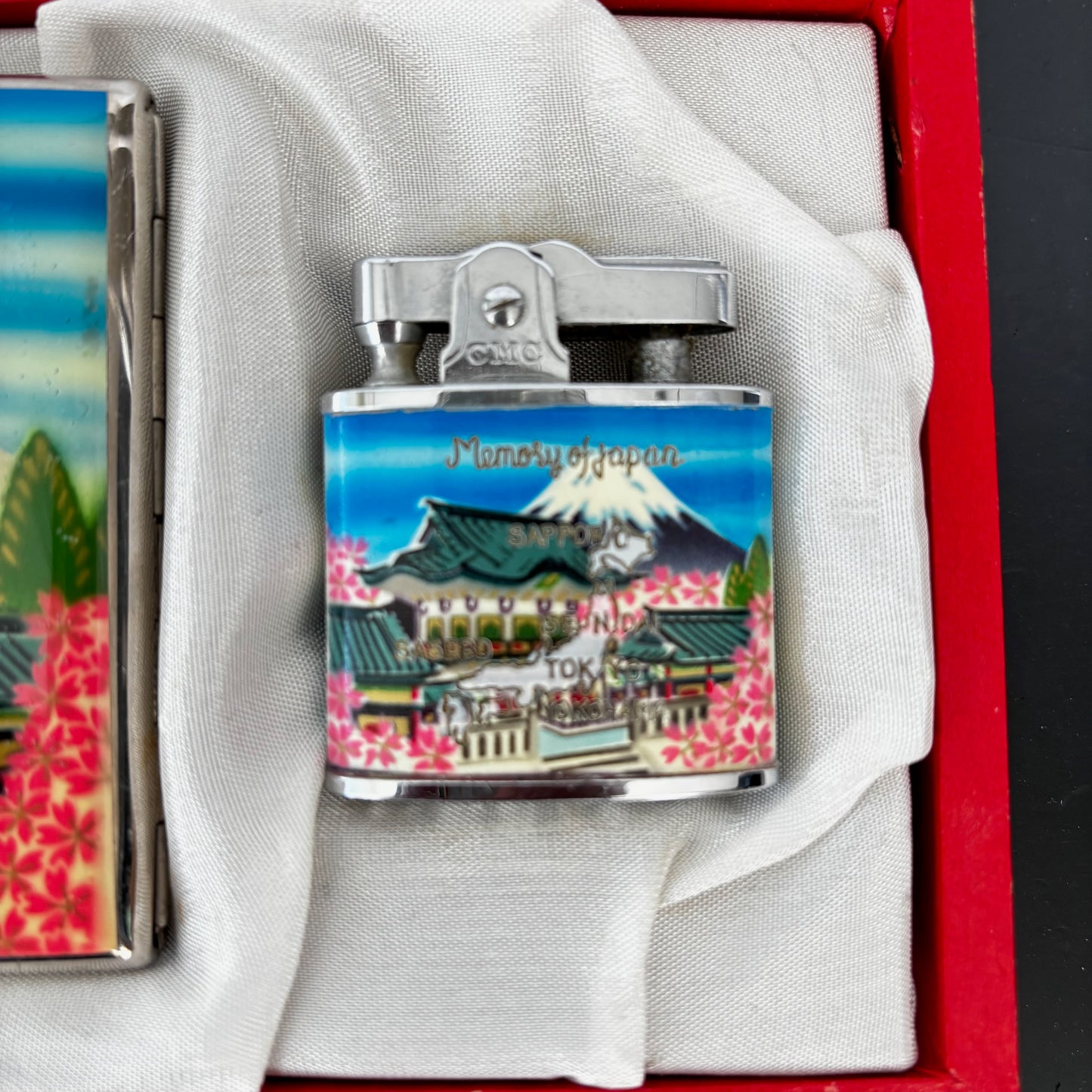 1950s Souvenir Enamel Cigarette Case and Lighter