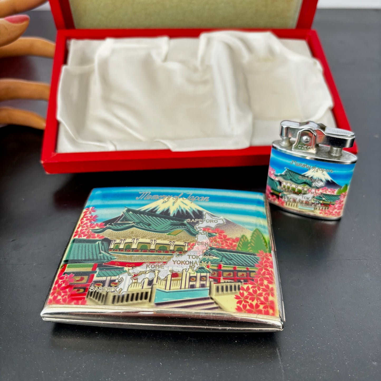 1950s Souvenir Enamel Cigarette Case and Lighter