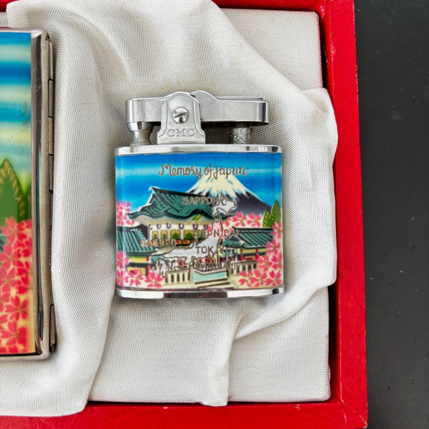 1950s Souvenir Enamel Cigarette Case and Lighter