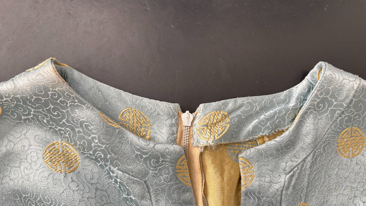S | 1960s Blue Gold Brocade Chinese Style Wiggle Dress