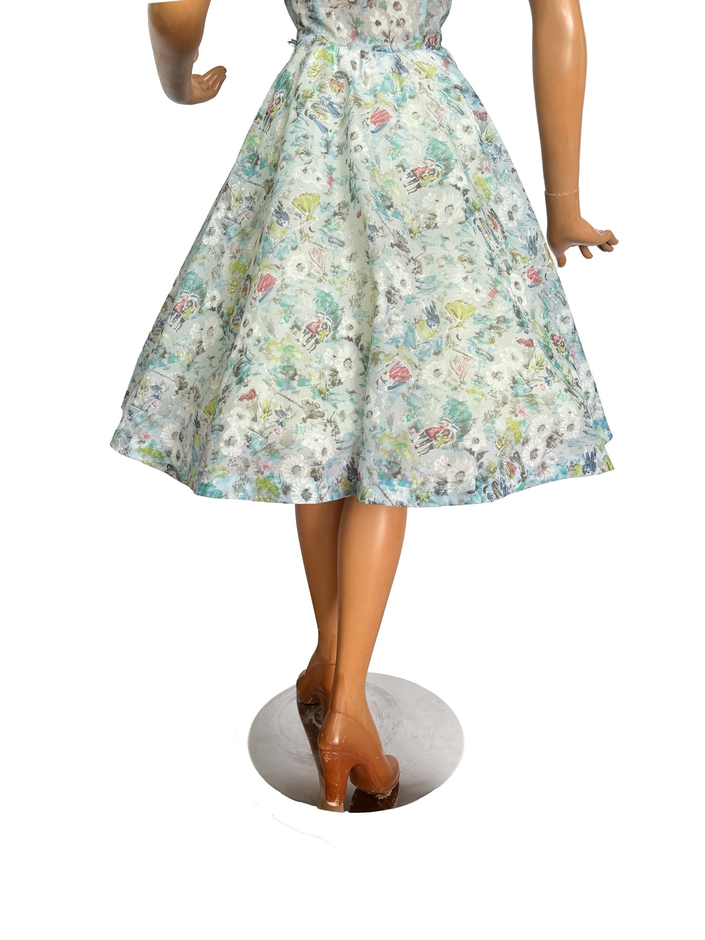 M | 1950s Hand Painted Novelty Print Semi Sheer Dress