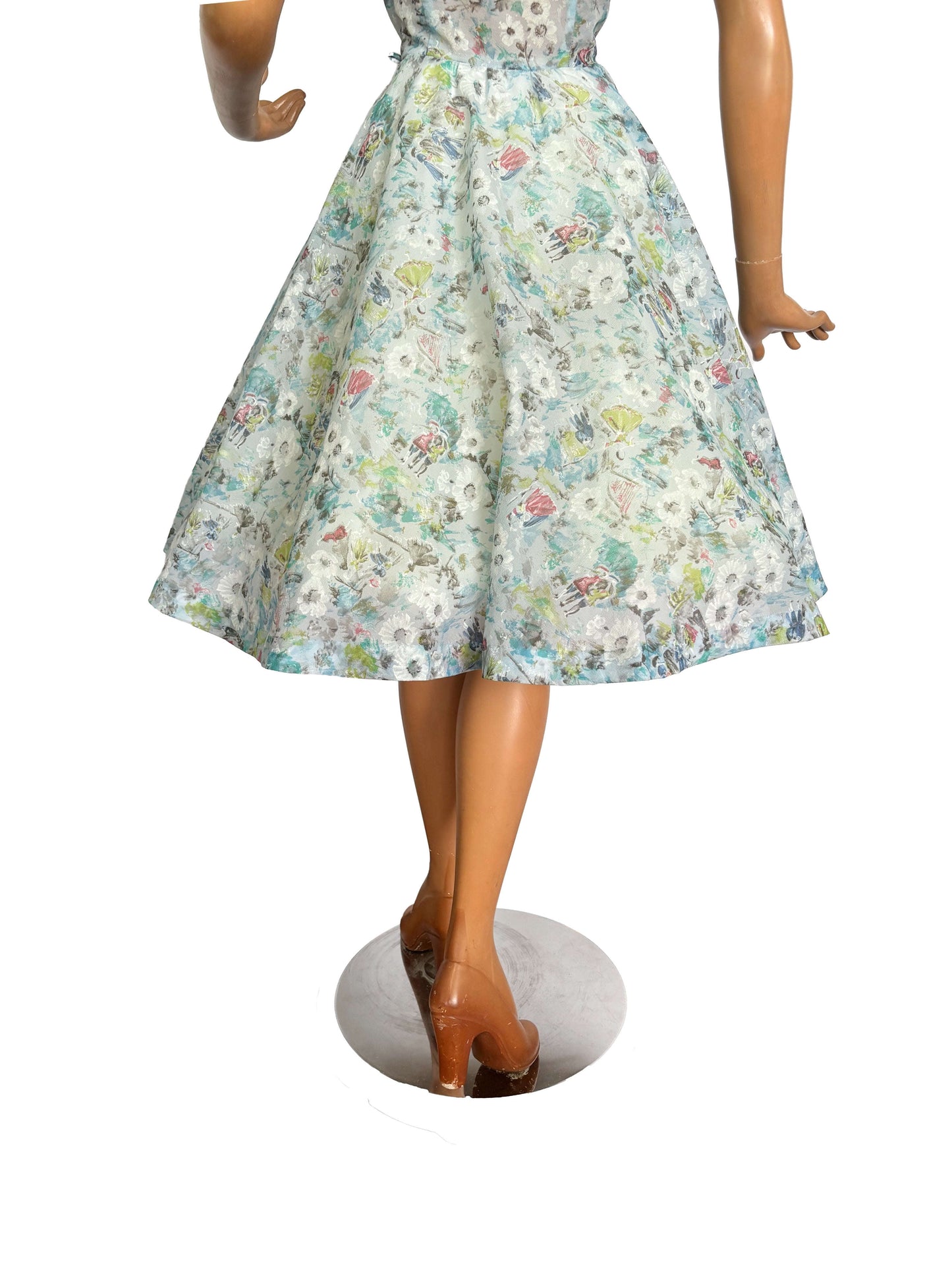 M | 1950s Hand Painted Novelty Print Semi Sheer Dress Lily Scarlet