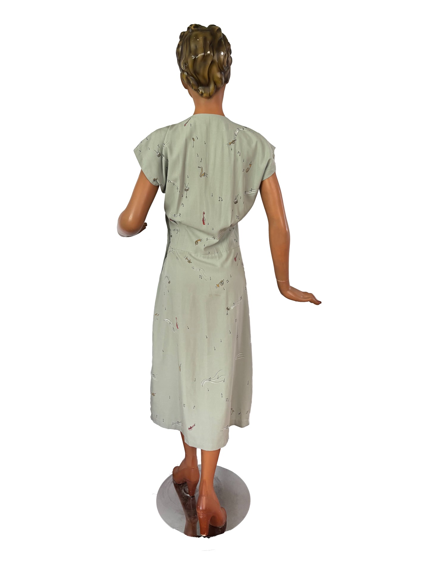 S | 1940s Style Vintage Gabardine Hand Painted Musical Novelty Print Dress