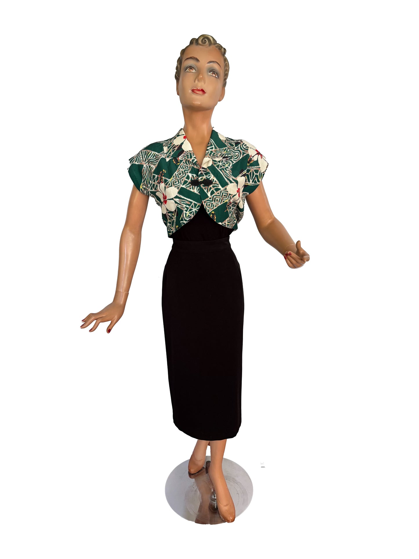 1950s Hawaiian Togs Tapa Hibiscus Bolero Jacket | M