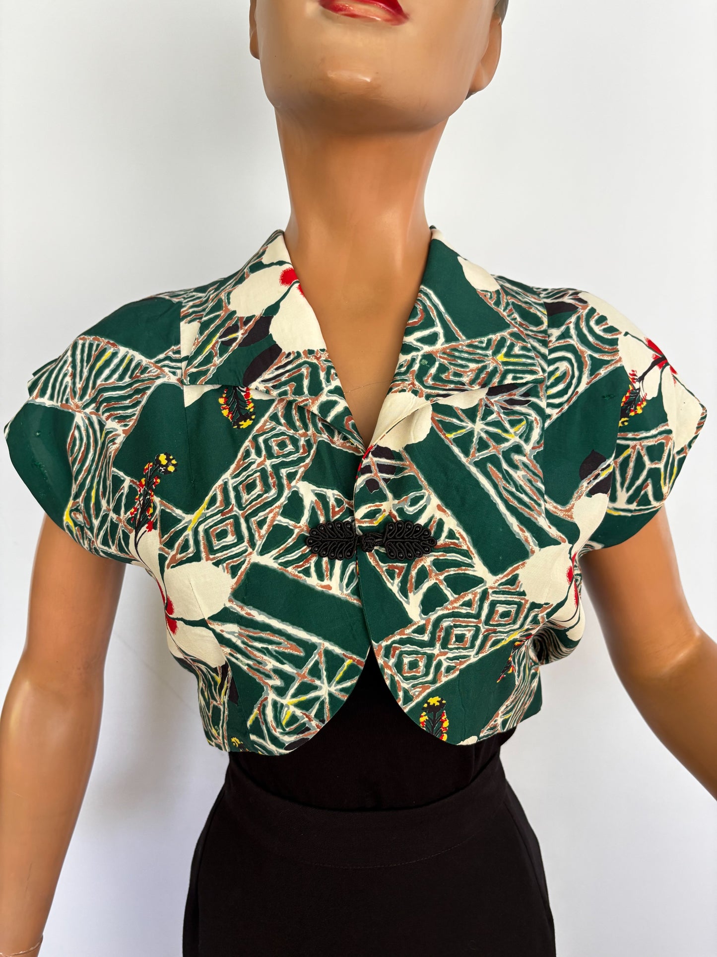 1950s Hawaiian Togs Tapa Hibiscus Bolero Jacket | M
