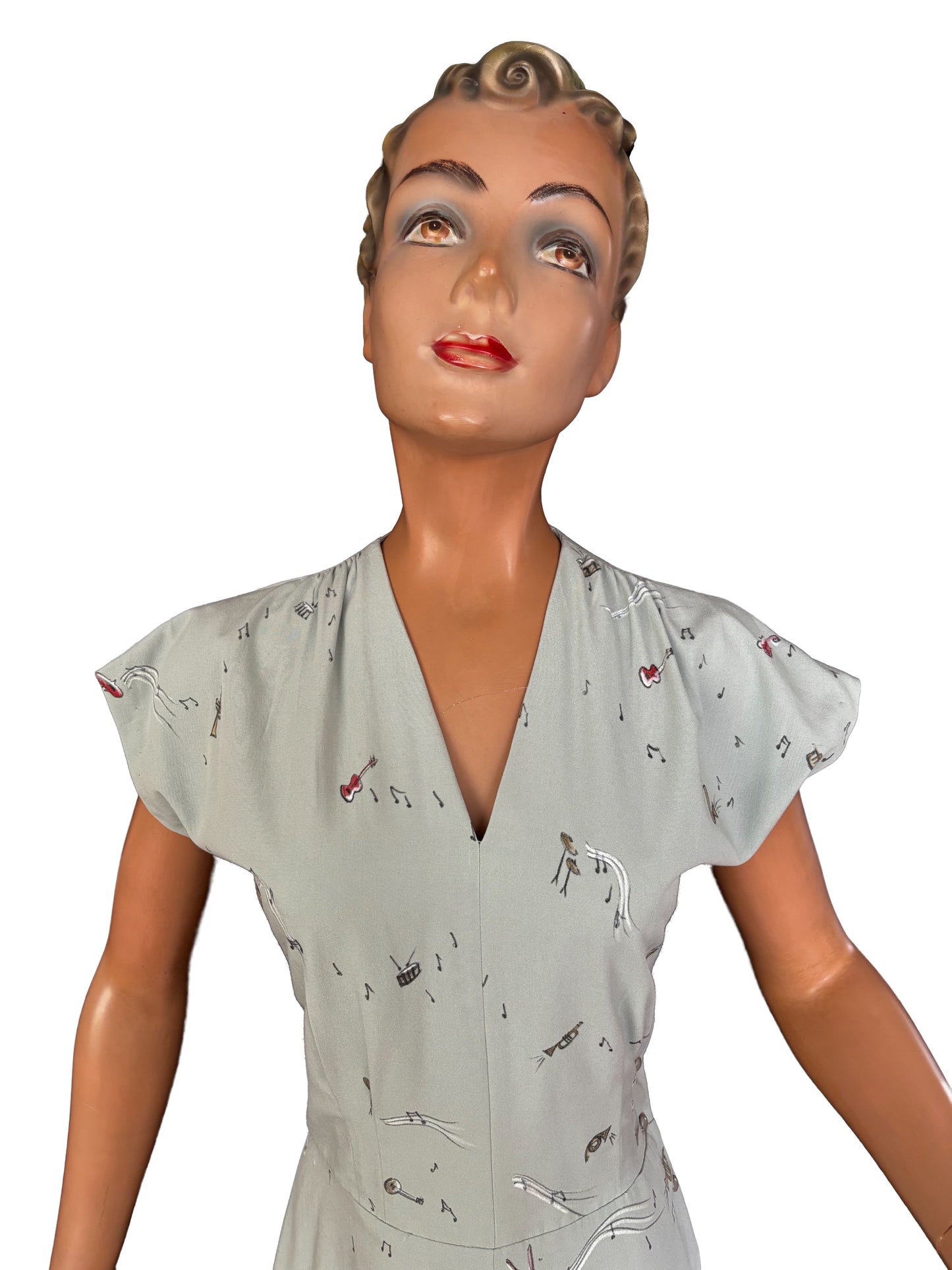 S | 1940s Style Vintage Gabardine Hand Painted Musical Novelty Print Dress