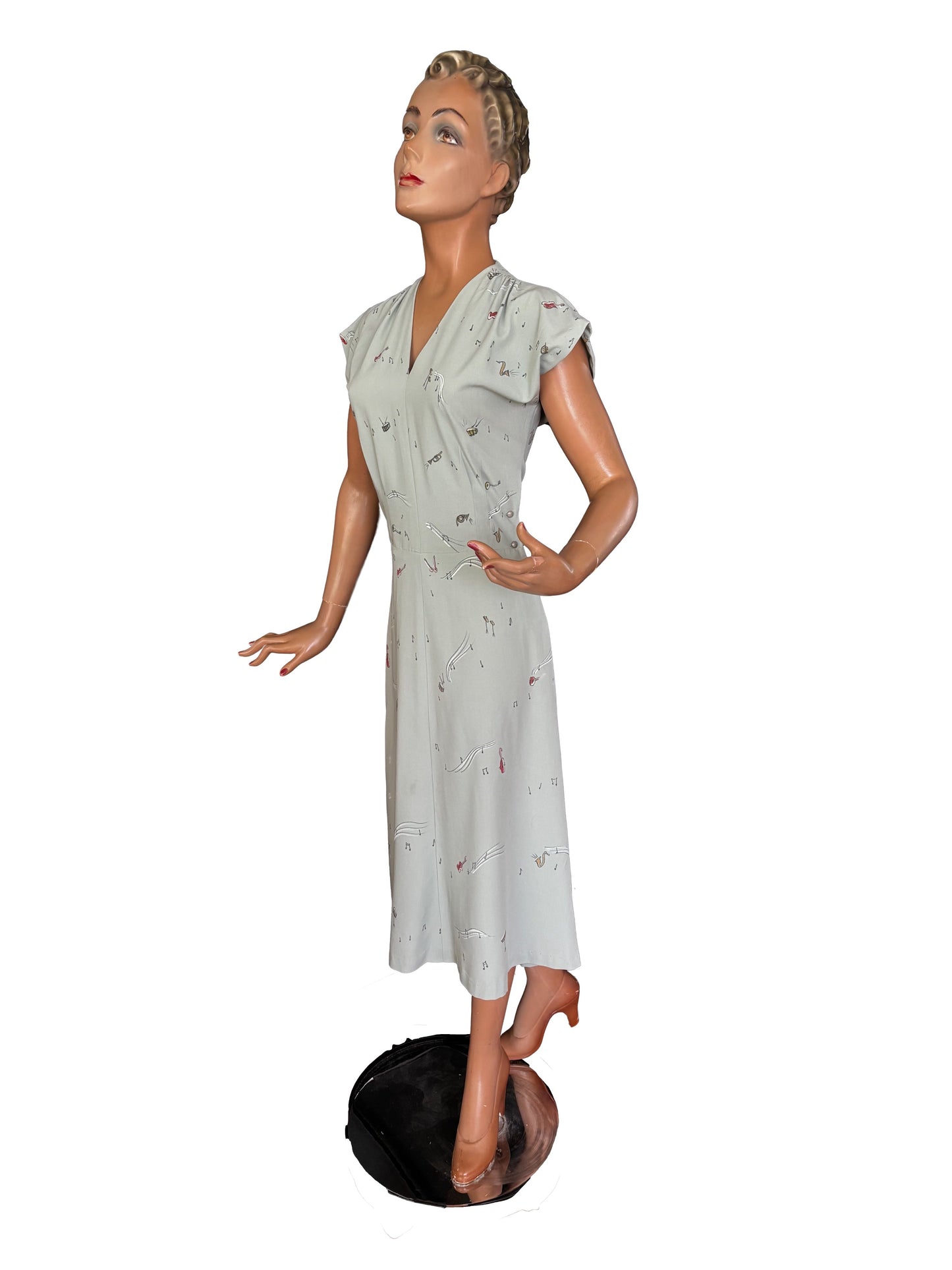 S | 1940s Style Vintage Gabardine Hand Painted Musical Novelty Print Dress Lily Scarlet