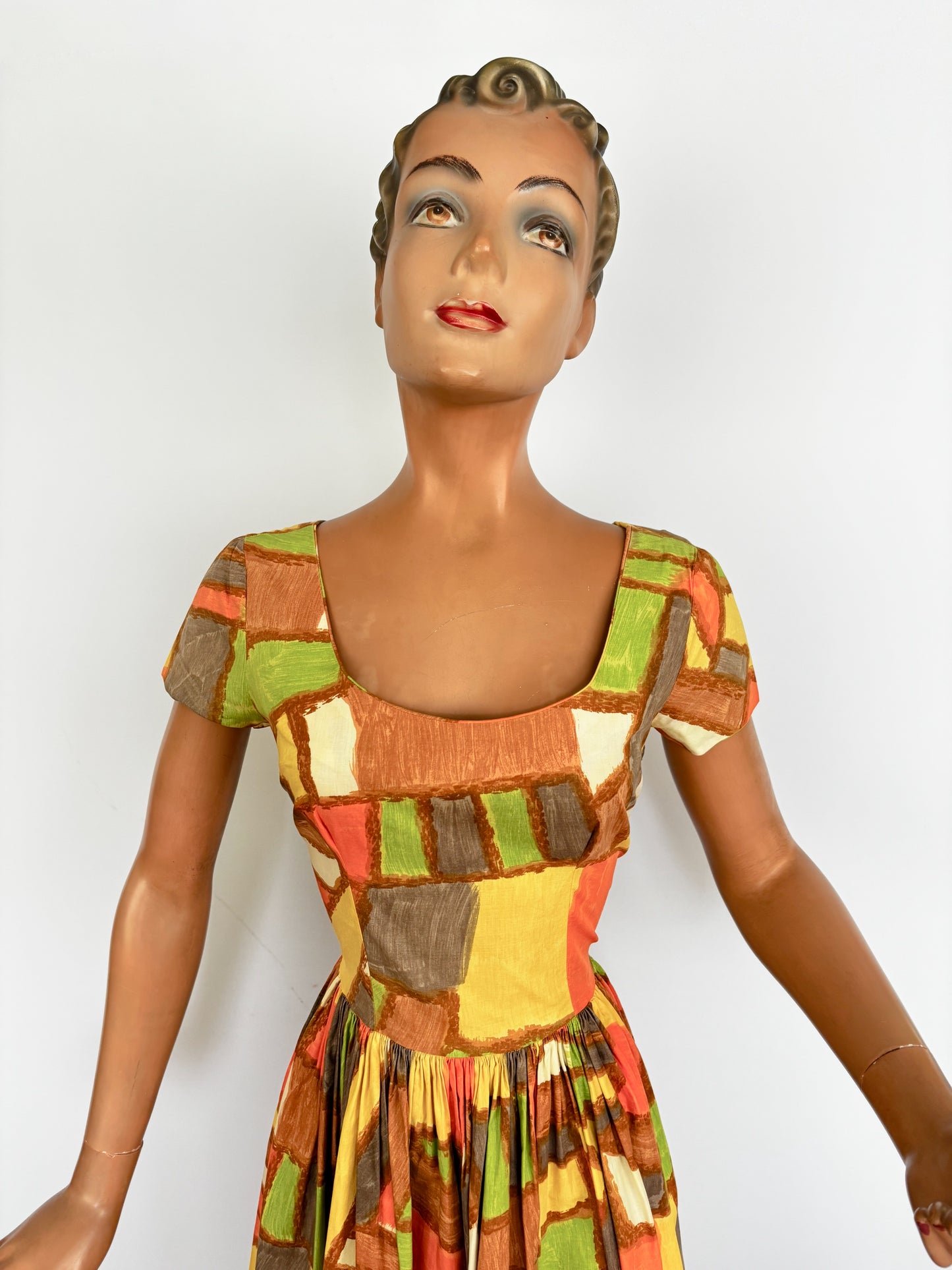 S | 1950s Abstract Print Cotton Dress