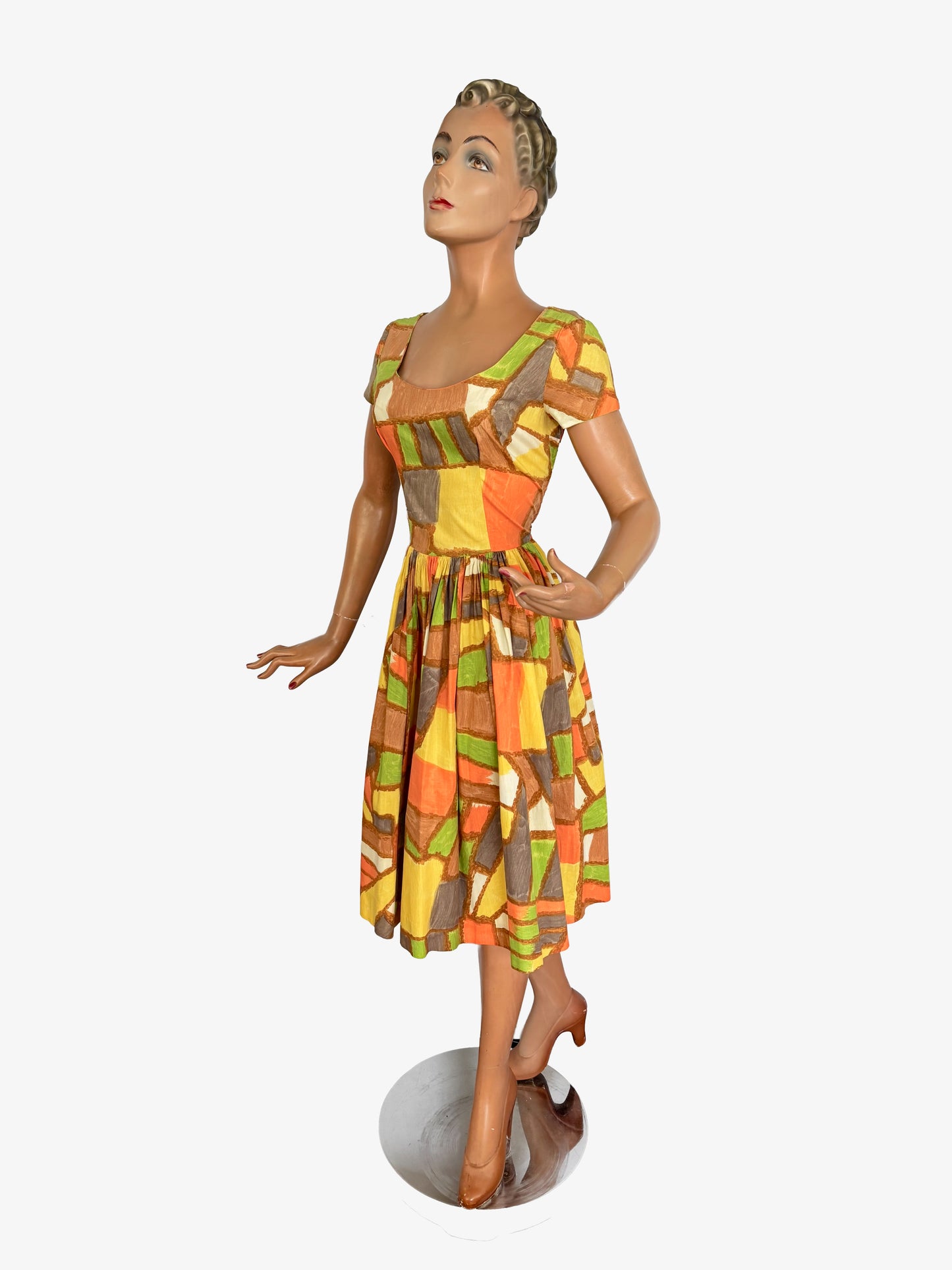 S | 1950s Abstract Print Cotton Dress