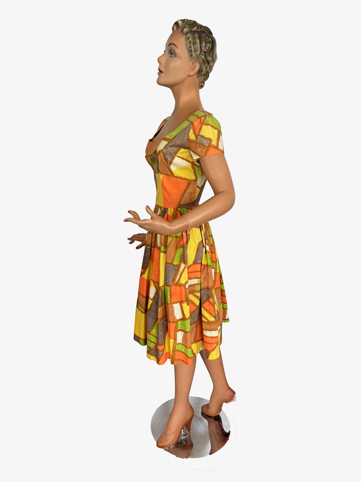 S | 1950s Abstract Print Cotton Dress