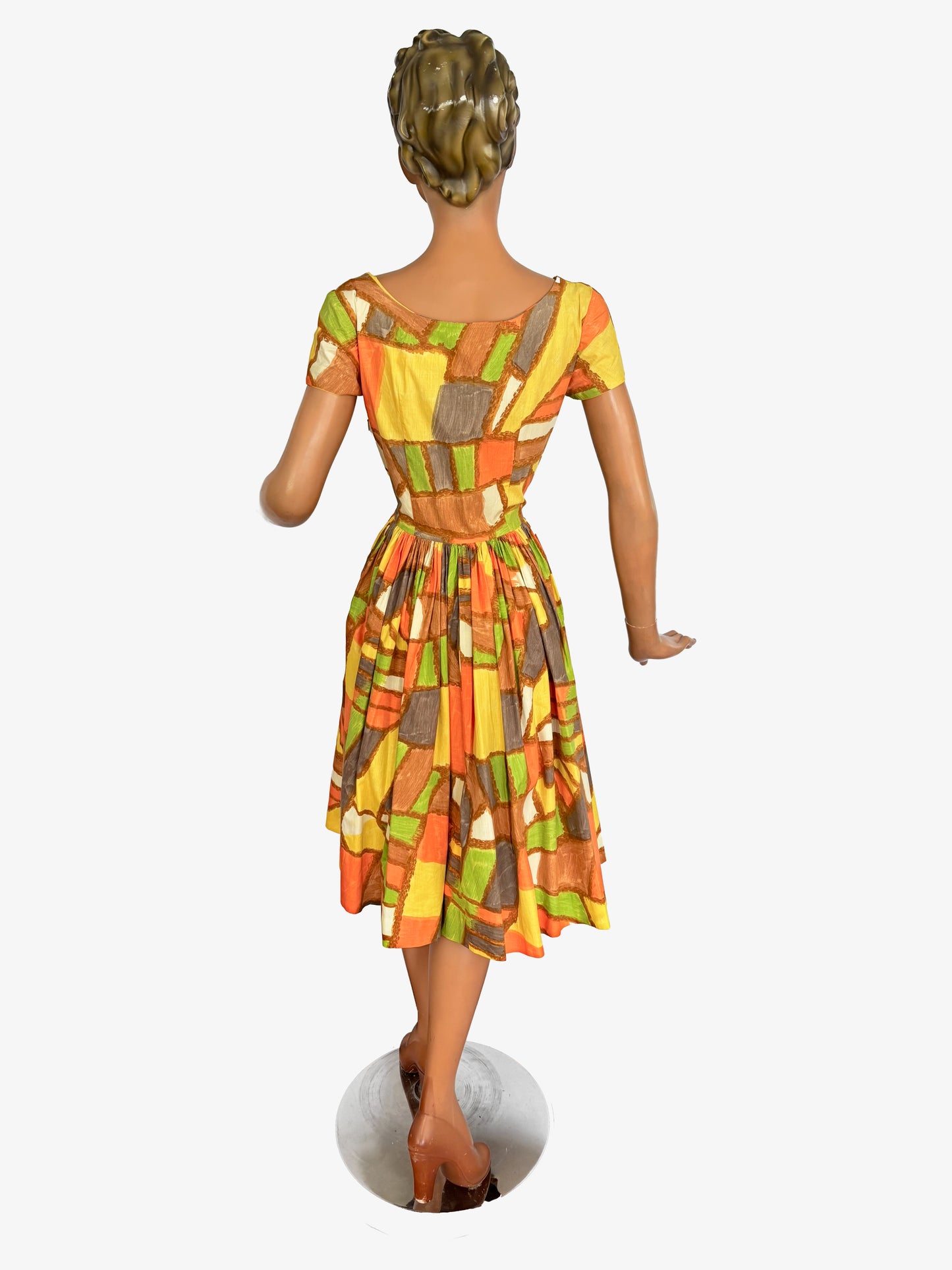 S | 1950s Abstract Print Cotton Dress