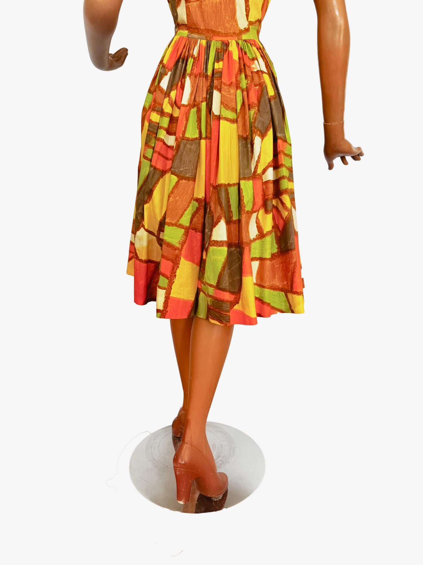 S | 1950s Abstract Print Cotton Dress