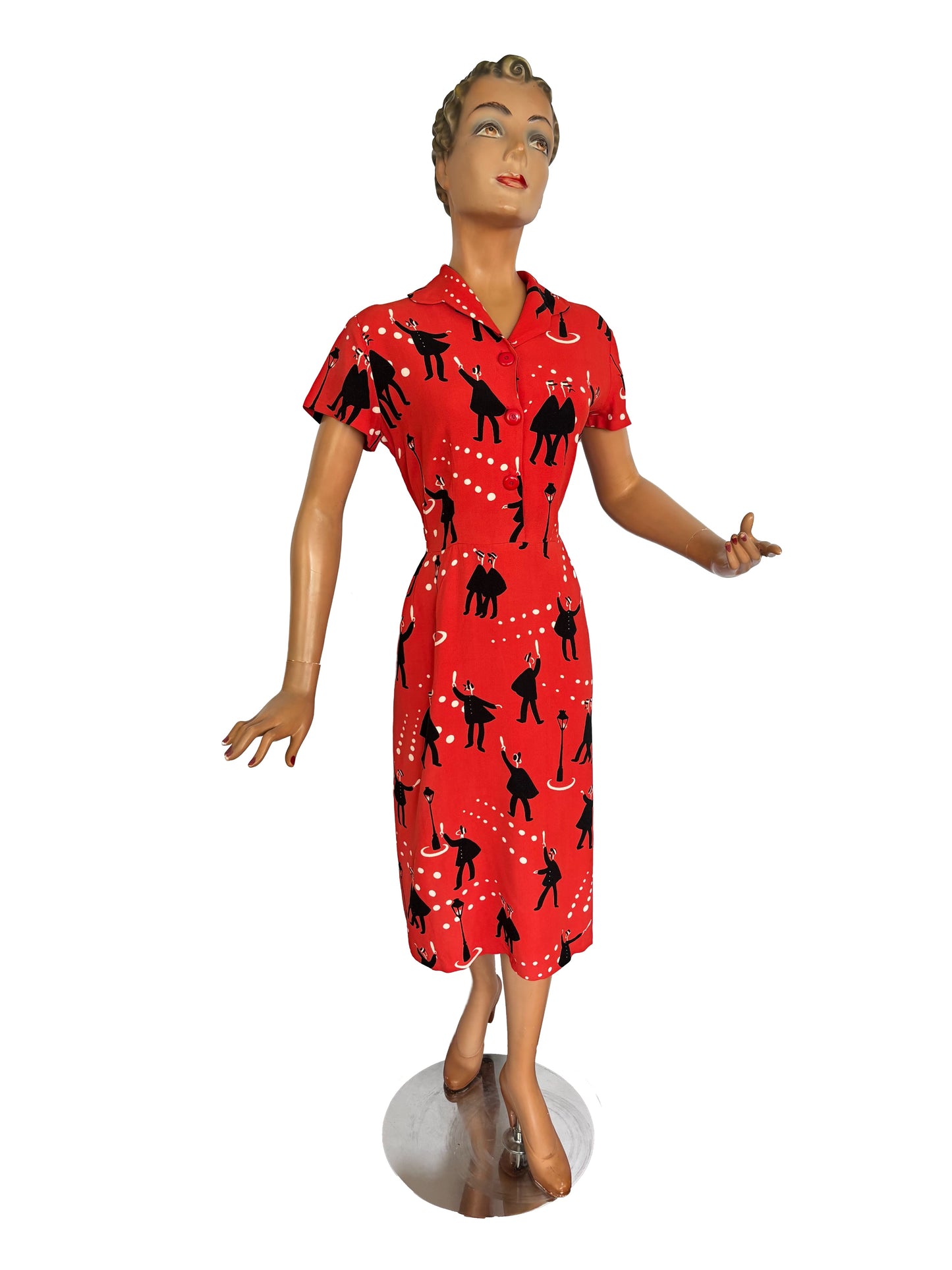1940s Wool Dress with Gendarmes Novelty Print | Large