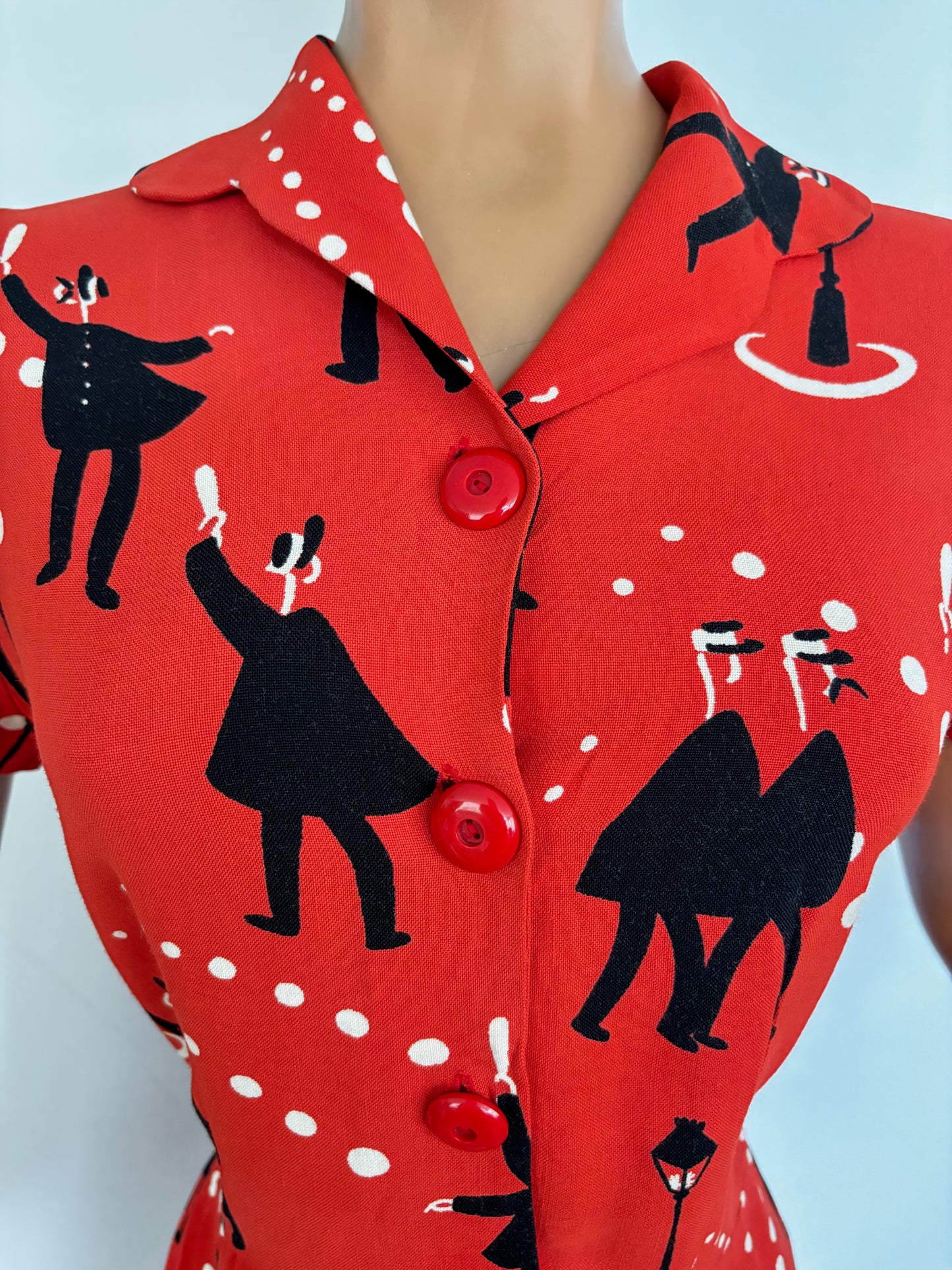 1940s Wool Dress with Gendarmes Novelty Print | Large
