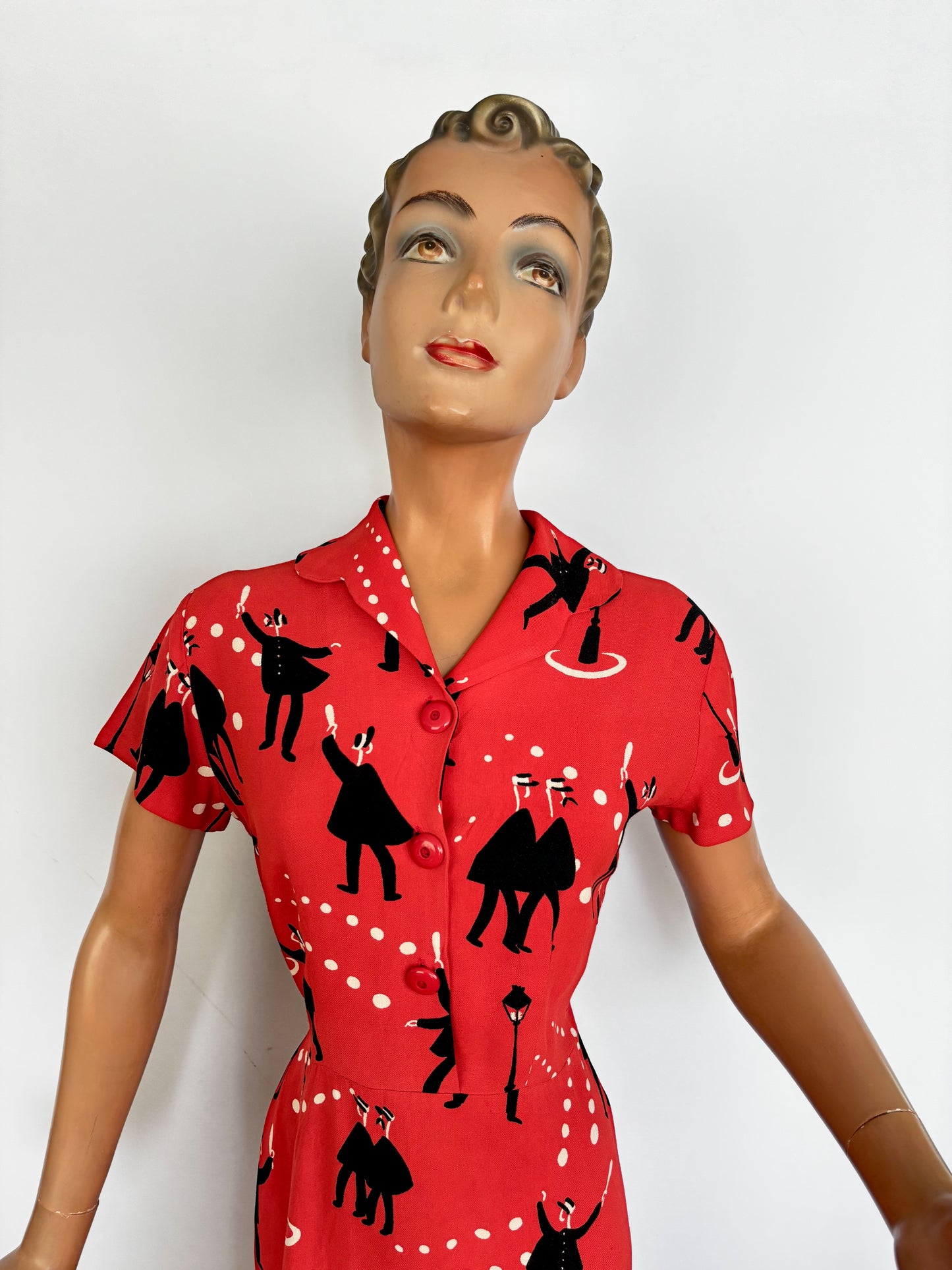 1940s Wool Dress with Gendarmes Novelty Print | Large