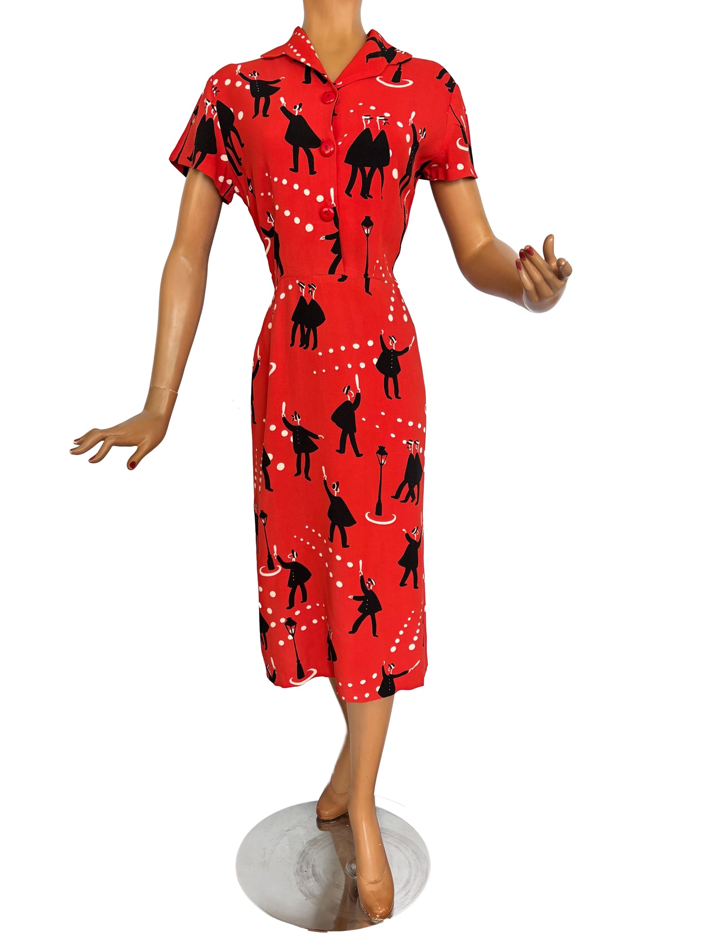 1940s Wool Dress with Gendarmes Novelty Print | Large
