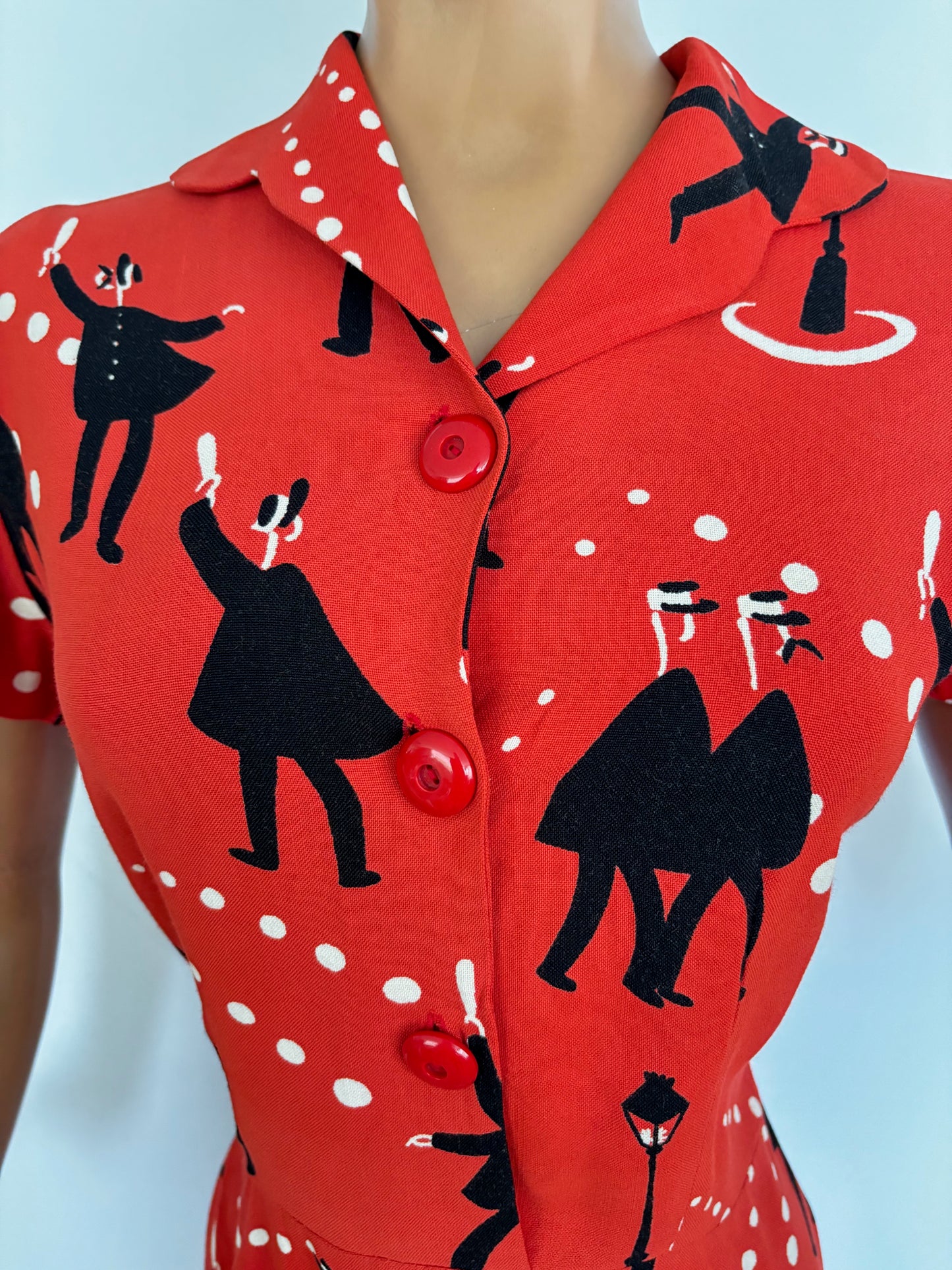 1940s Wool Dress with Gendarmes Novelty Print | Large