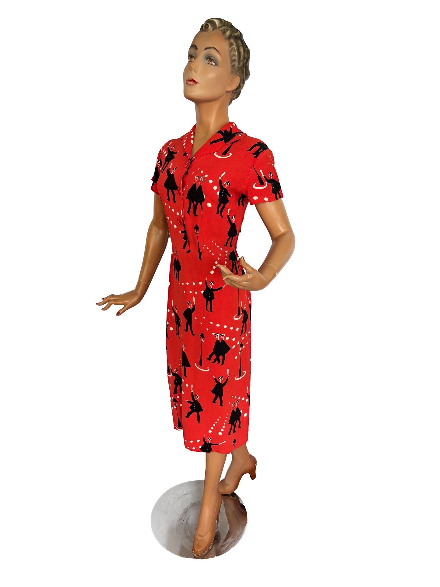 1940s Wool Dress with Gendarmes Novelty Print | Large