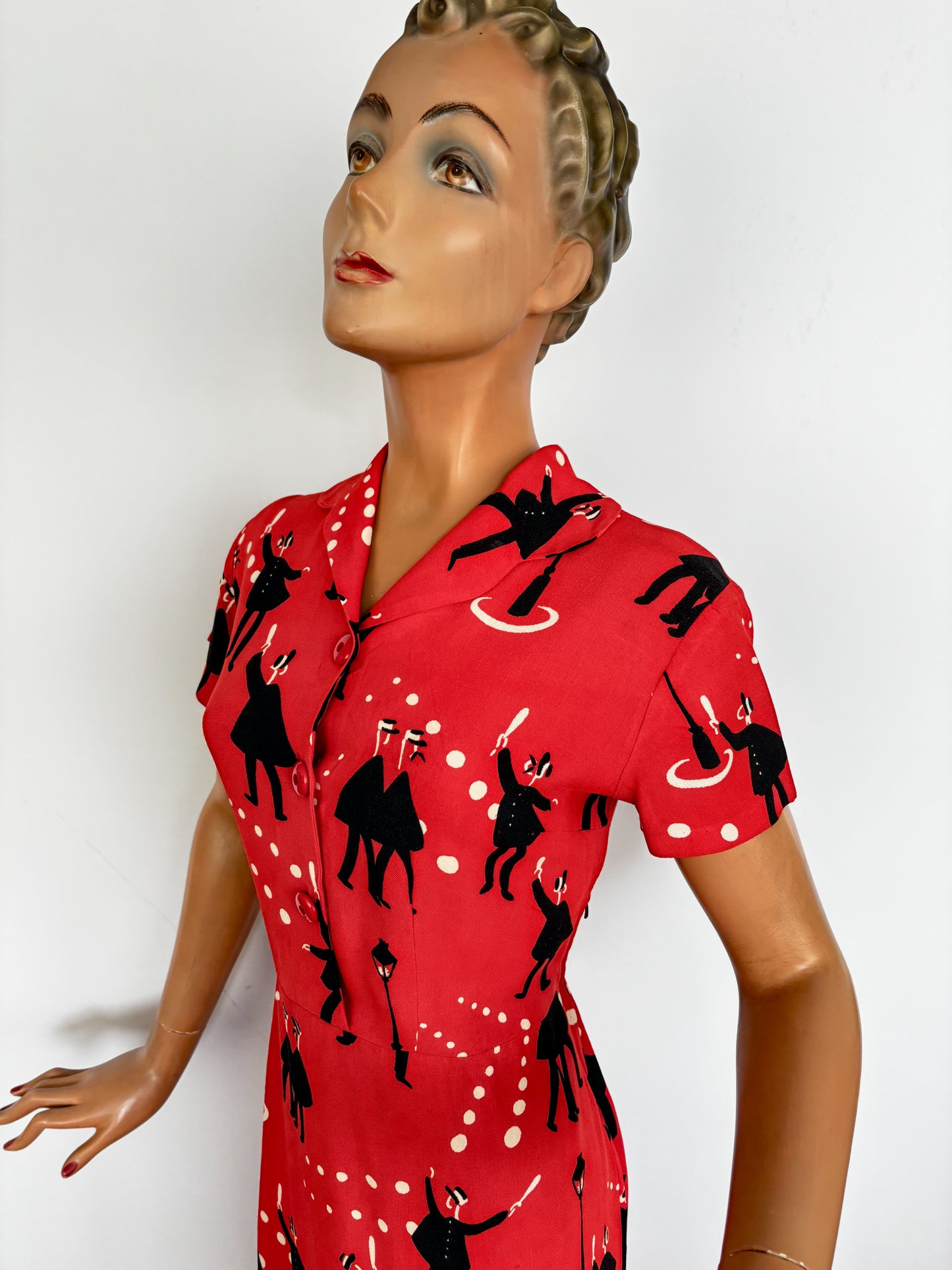 1940s Wool Dress with Gendarmes Novelty Print | Large
