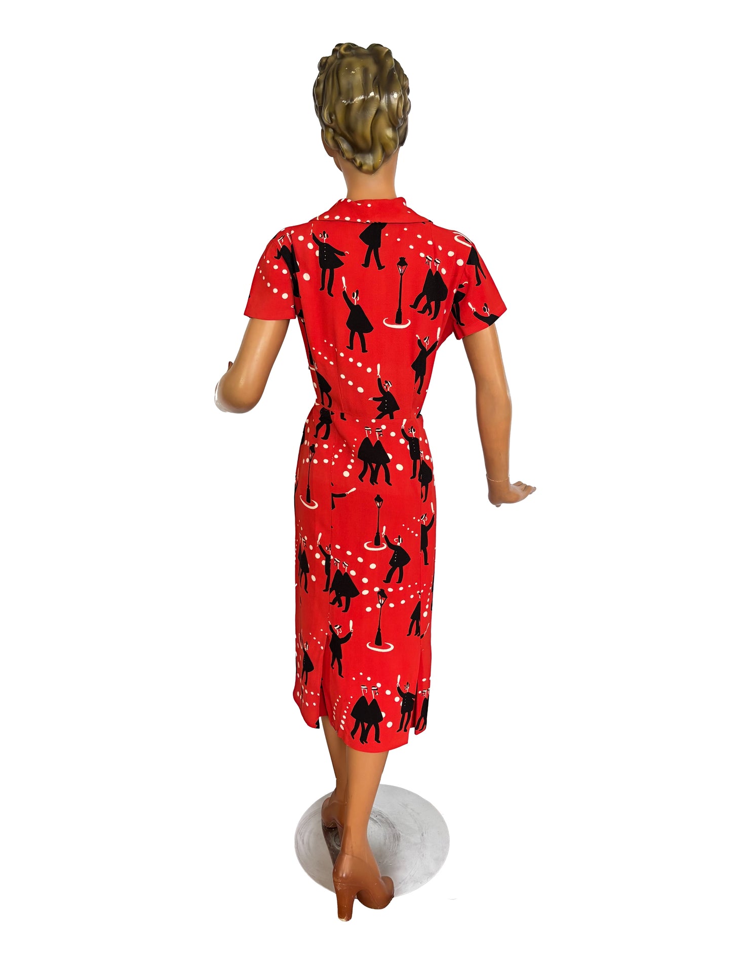 1940s Wool Dress with Gendarmes Novelty Print | Large