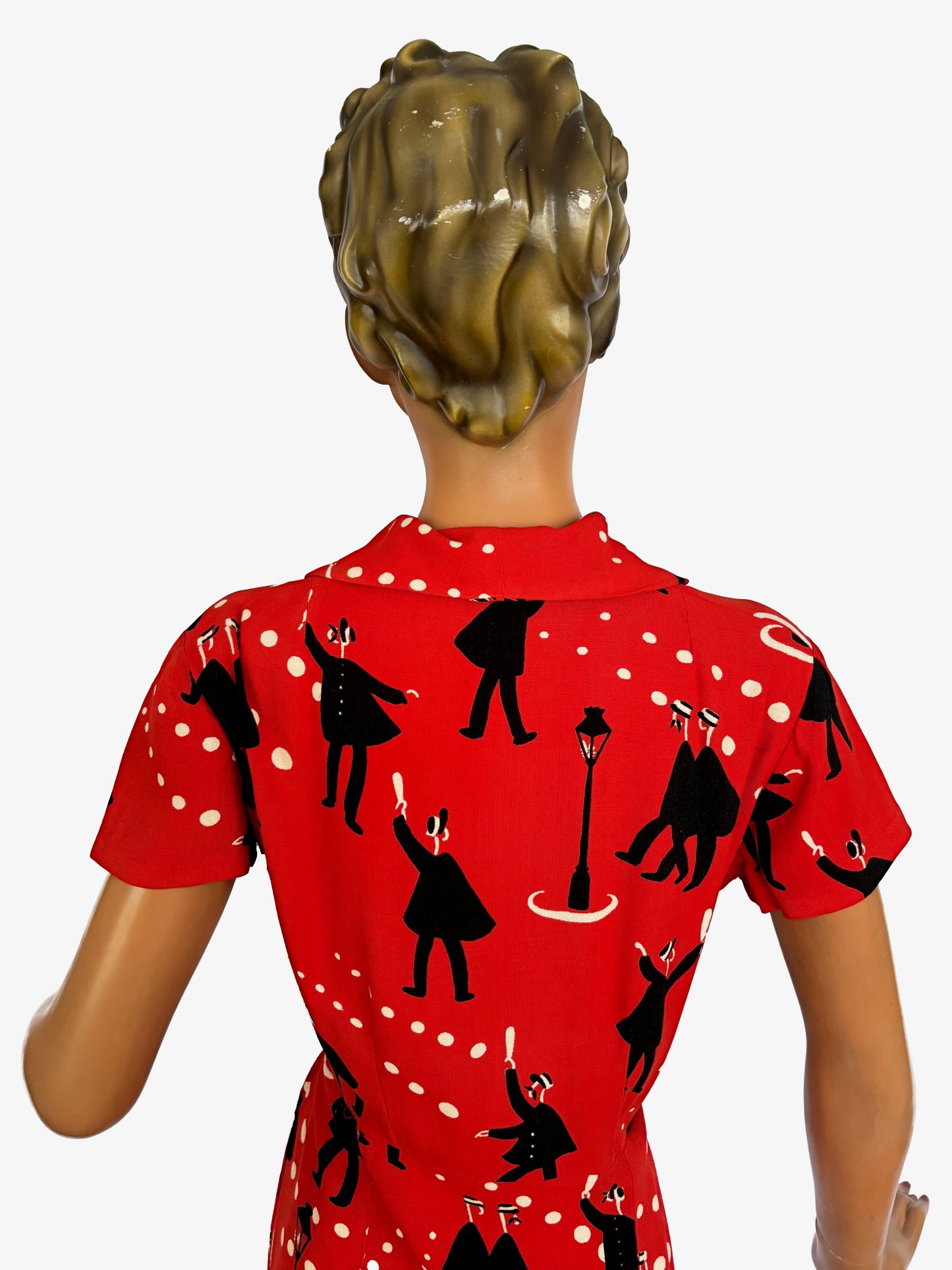 1940s Wool Dress with Gendarmes Novelty Print | Large