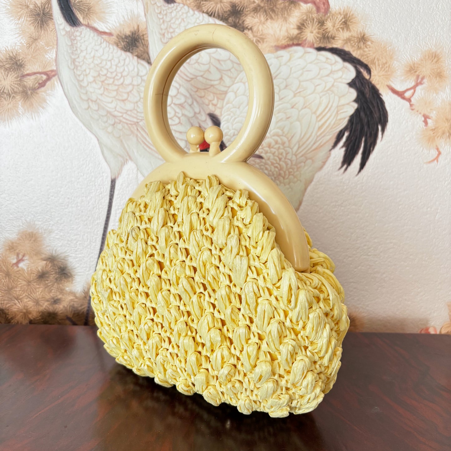 1950s Vanilla Yellow Raffia Handbag with Round Plastic Handle