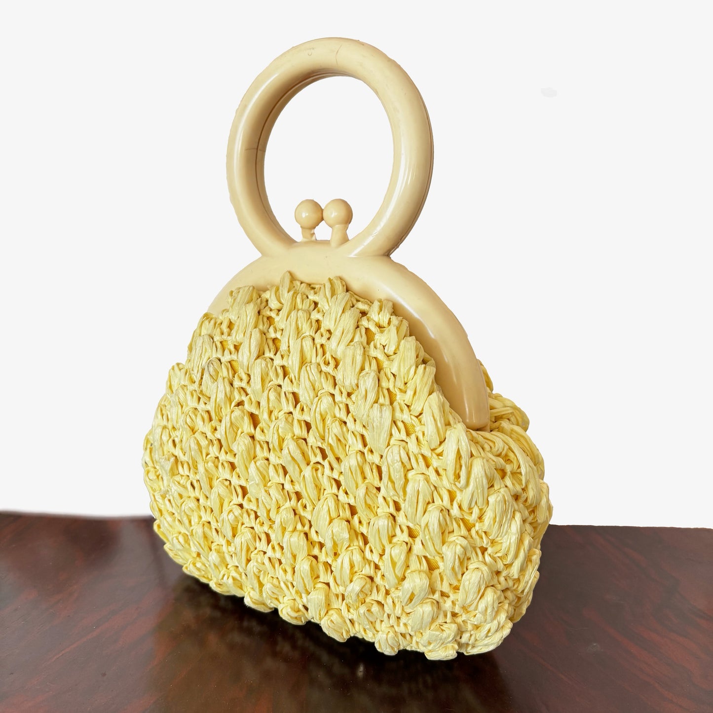 1950s Vanilla Yellow Raffia Handbag with Round Plastic Handle