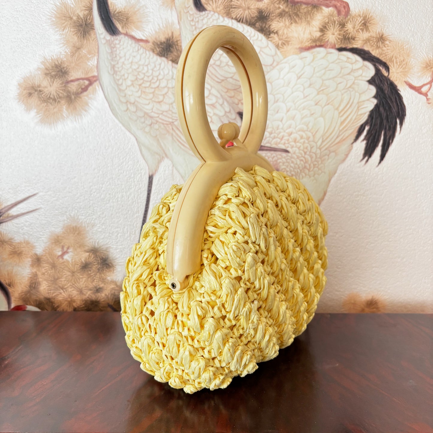 1950s Vanilla Yellow Raffia Handbag with Round Plastic Handle