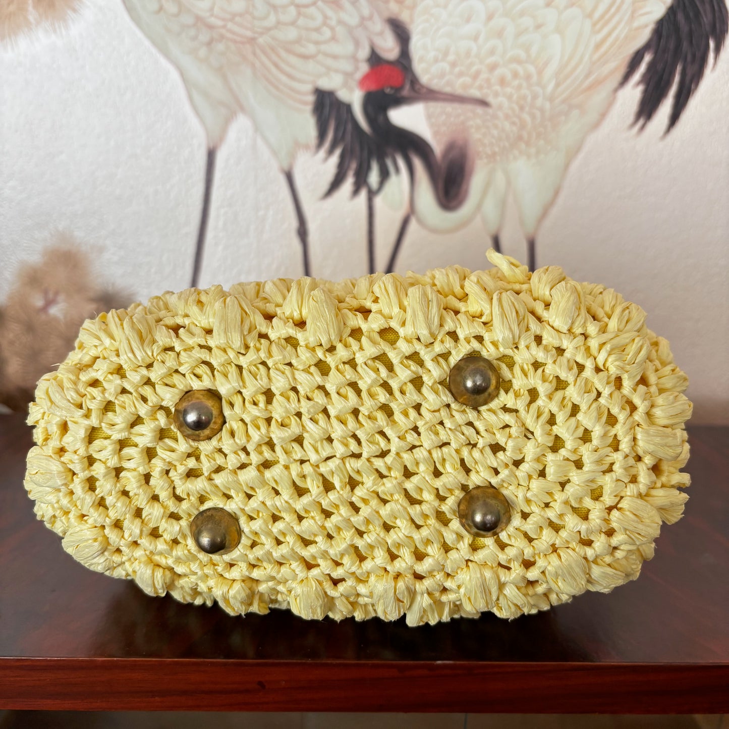 1950s Vanilla Yellow Raffia Handbag with Round Plastic Handle