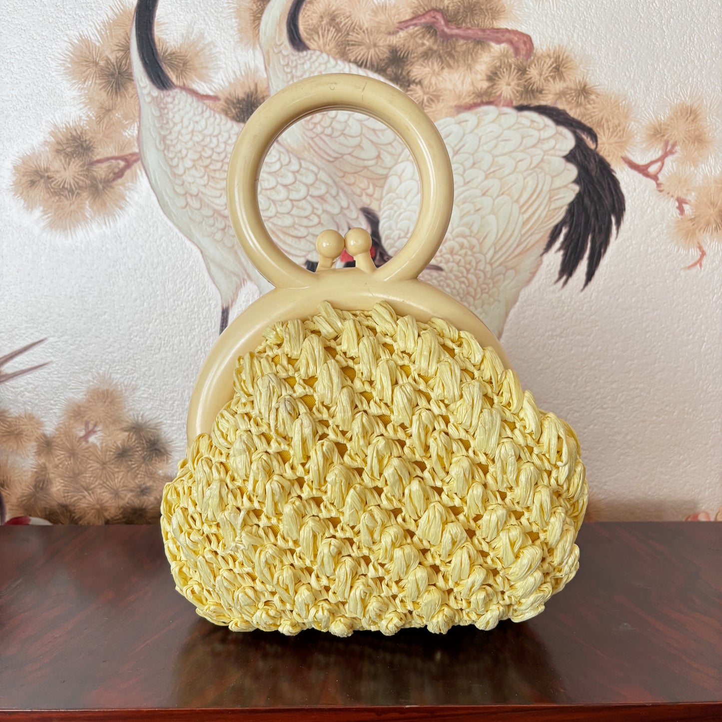 1950s Vanilla Yellow Raffia Handbag with Round Plastic Handle