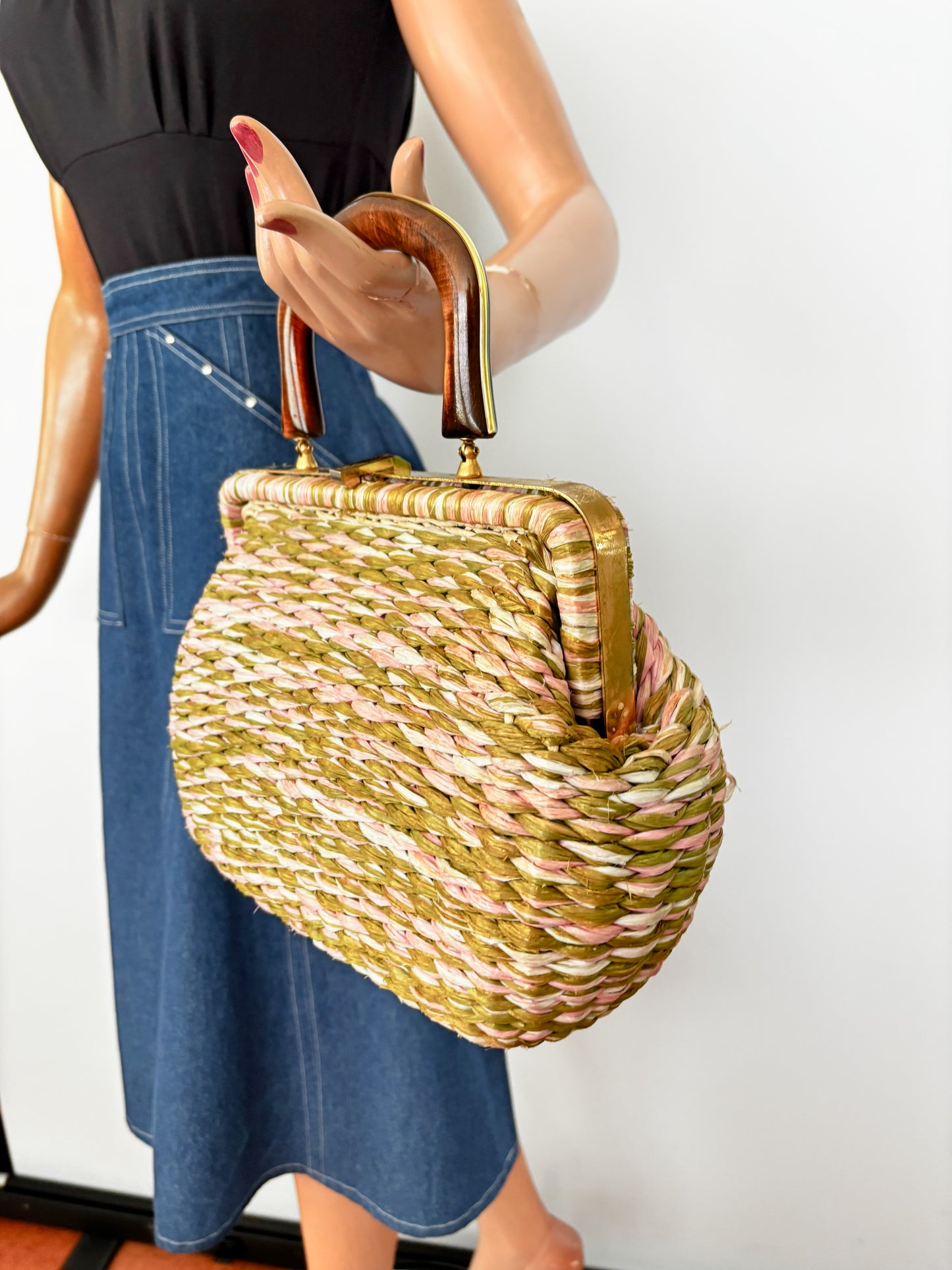Vintage 1950s Raffia Handbag in Pink, White and Olive with Gold Metal Frame