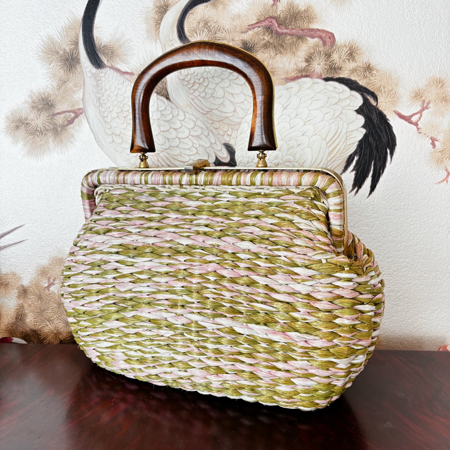 Vintage 1950s Raffia Handbag in Pink, White and Olive with Gold Metal Frame