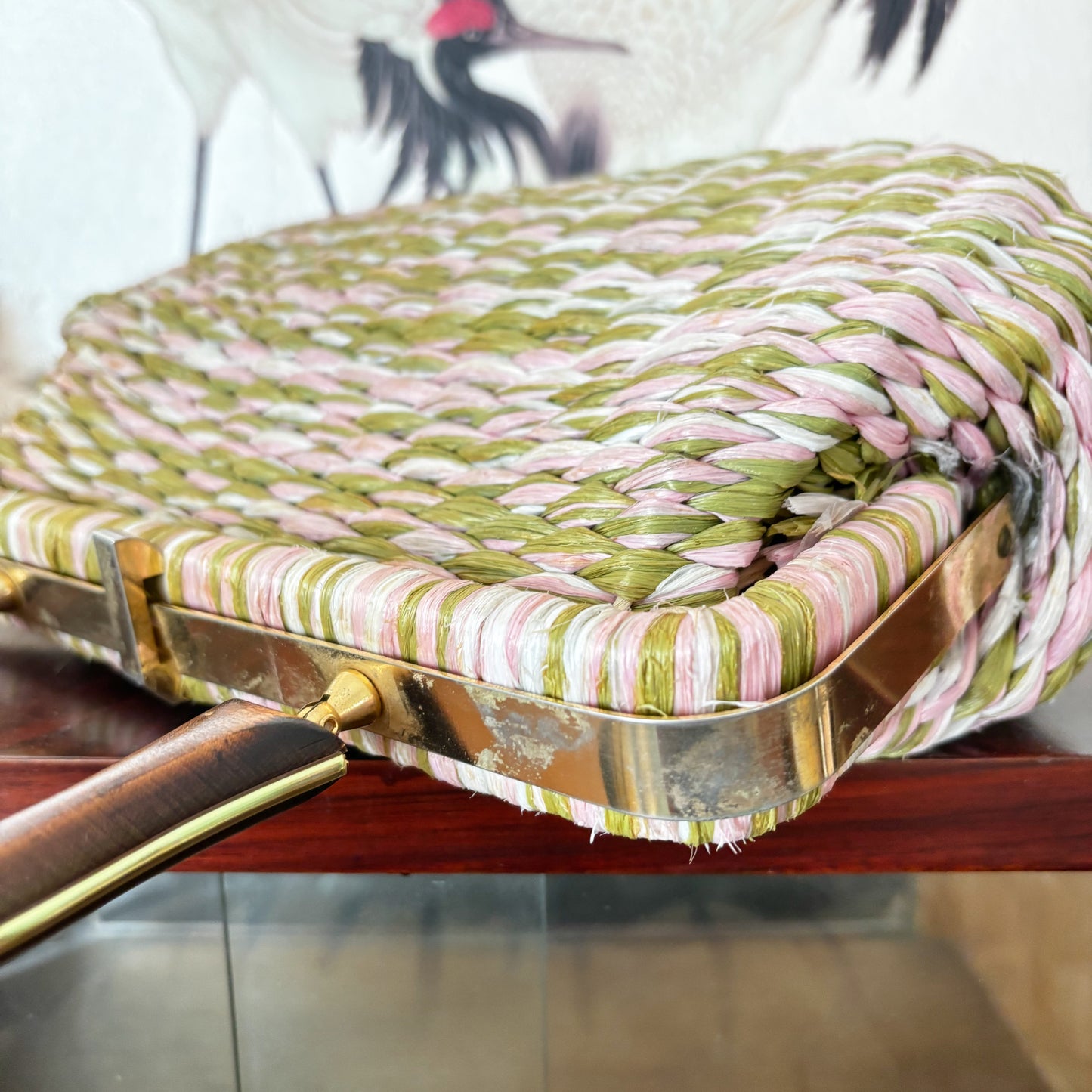 Vintage 1950s Raffia Handbag in Pink, White and Olive with Gold Metal Frame