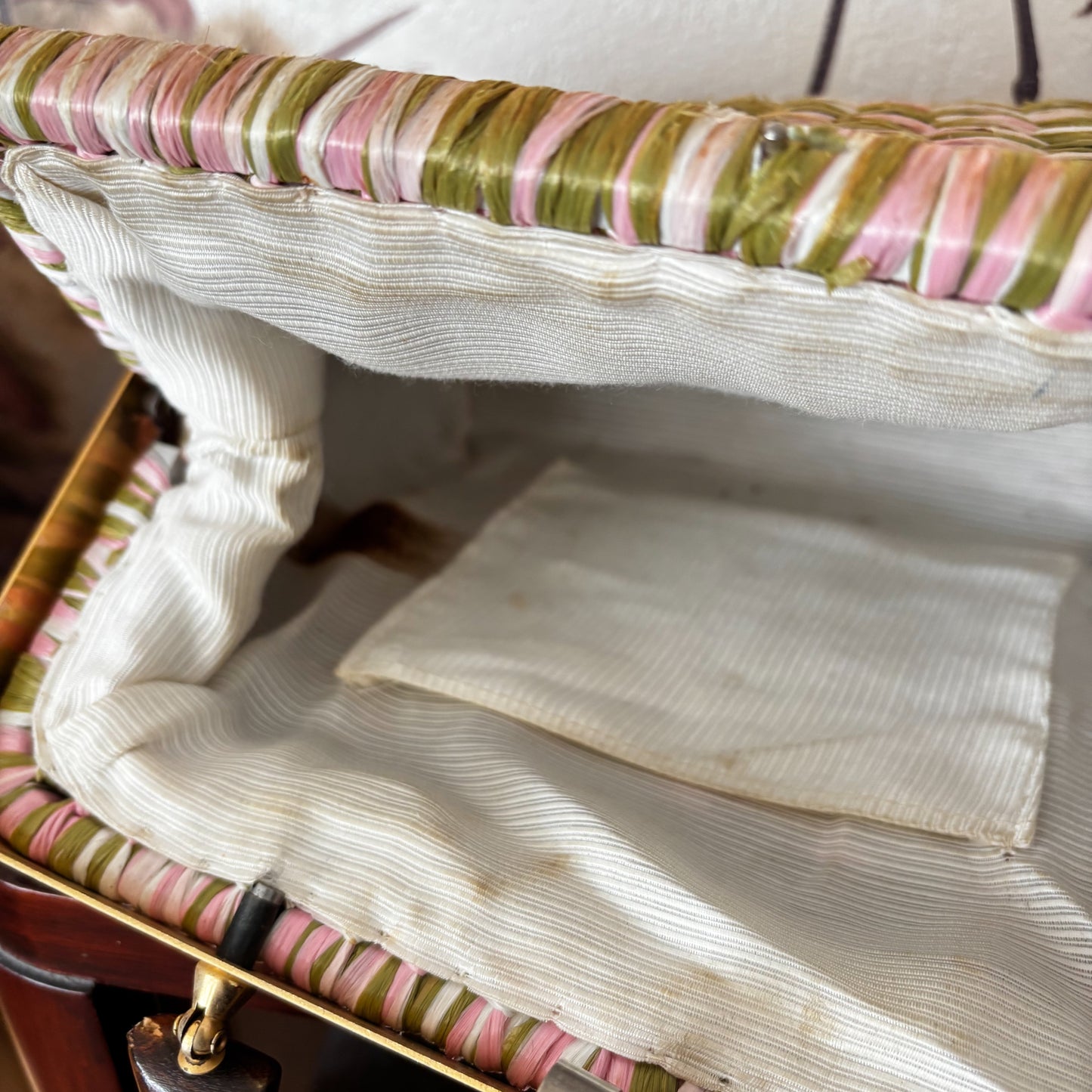Vintage 1950s Raffia Handbag in Pink, White and Olive with Gold Metal Frame