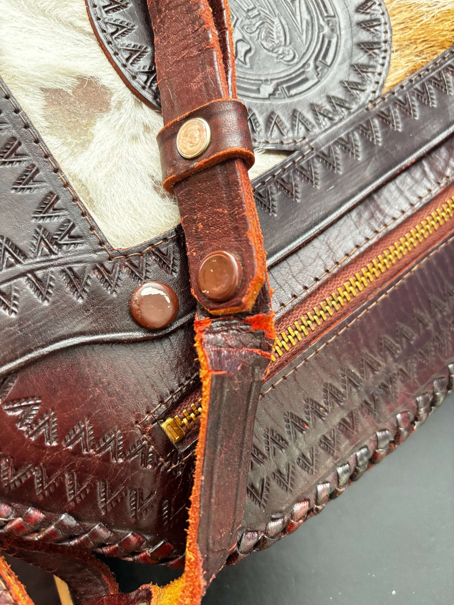 60s 70s Mexican Tooled Leather Bag with Goat Hair and Embossed Bird Motif Lily Scarlet