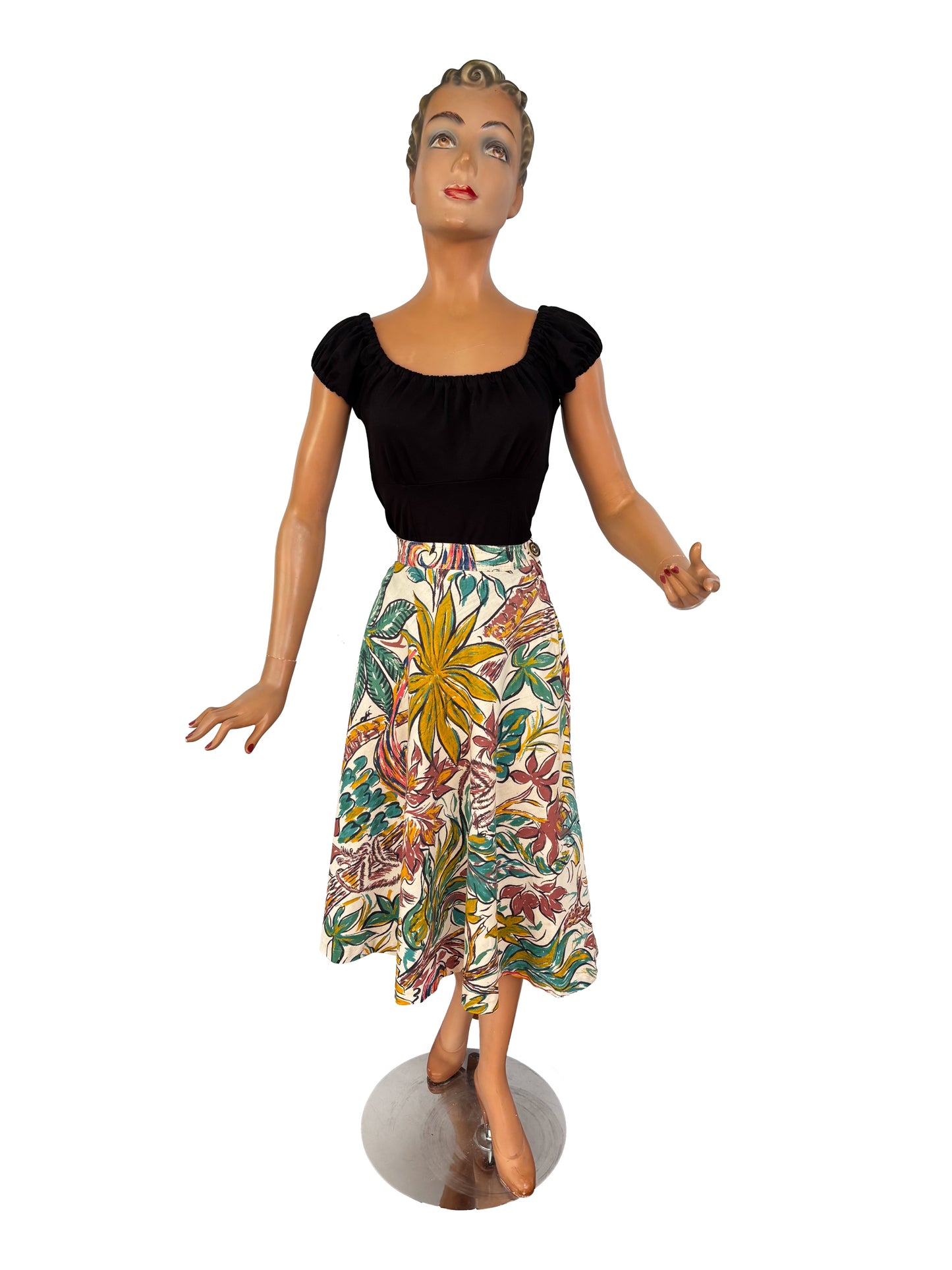 S | 1950s Hand-Painted Mexican Jungle Skirt with Monkeys and Birds