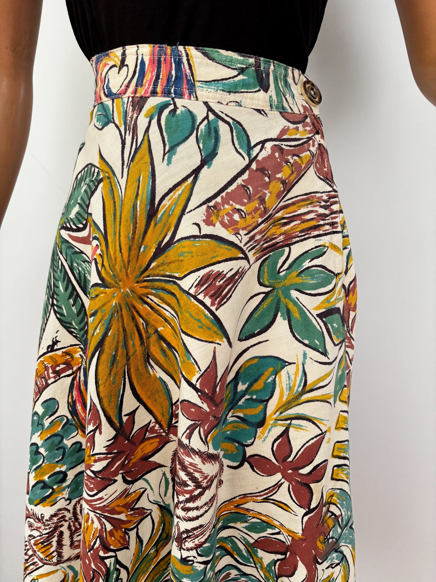 S | 1950s Hand-Painted Mexican Jungle Skirt with Monkeys and Birds