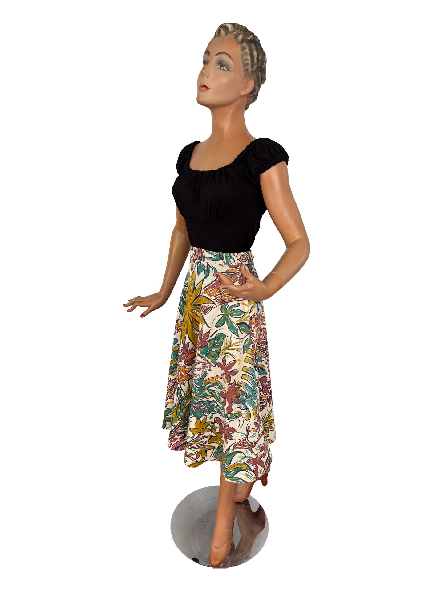 S | 1950s Hand-Painted Mexican Jungle Skirt with Monkeys and Birds
