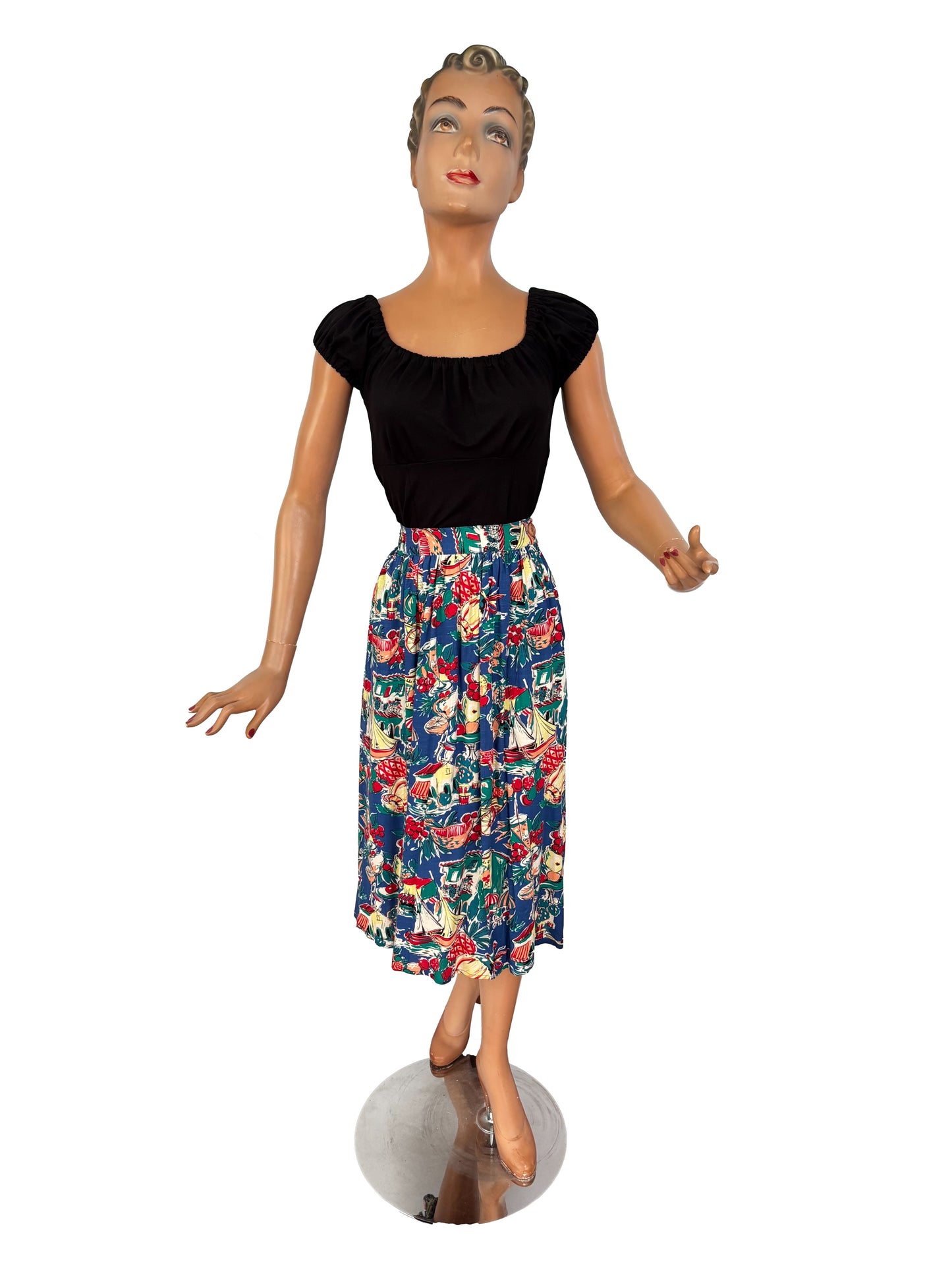 1940s/50s Style Viscose Skirt with Summer Novelty Print | Small