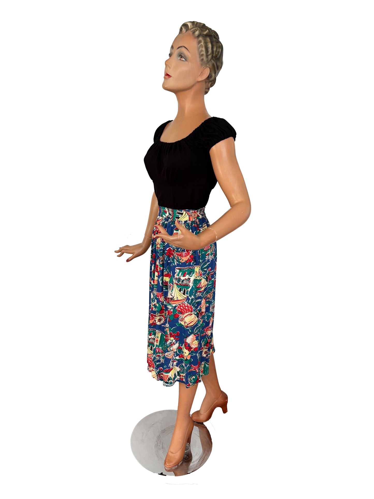 1940s/50s Style Viscose Skirt with Summer Novelty Print | Small