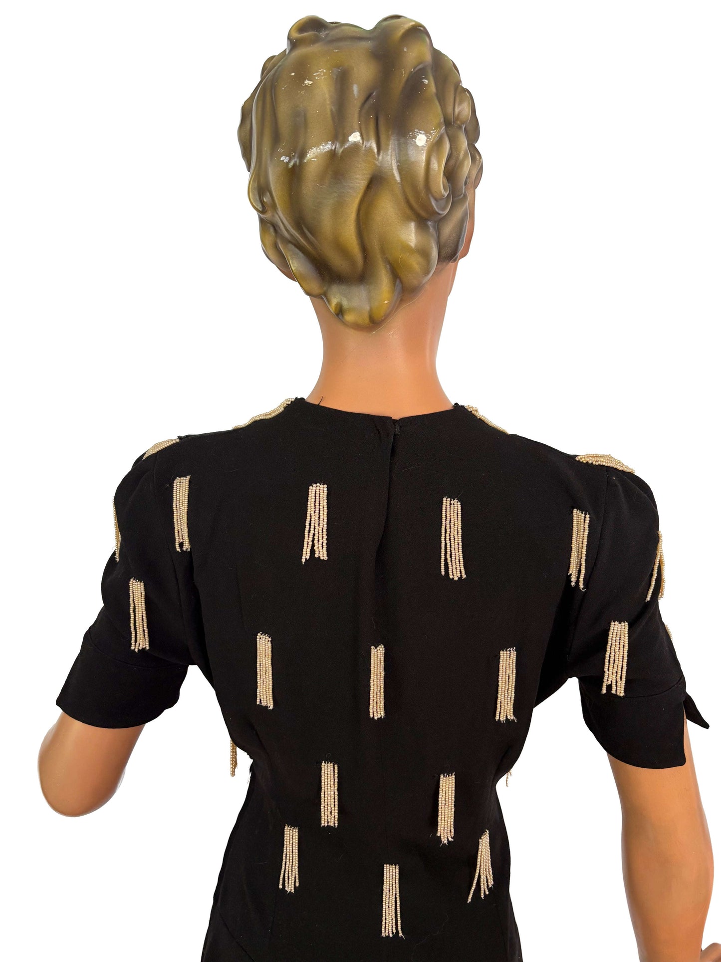 XS/S | 1940s Crepe Wool Dress with Pearl Beaded Strands Lily Scarlet