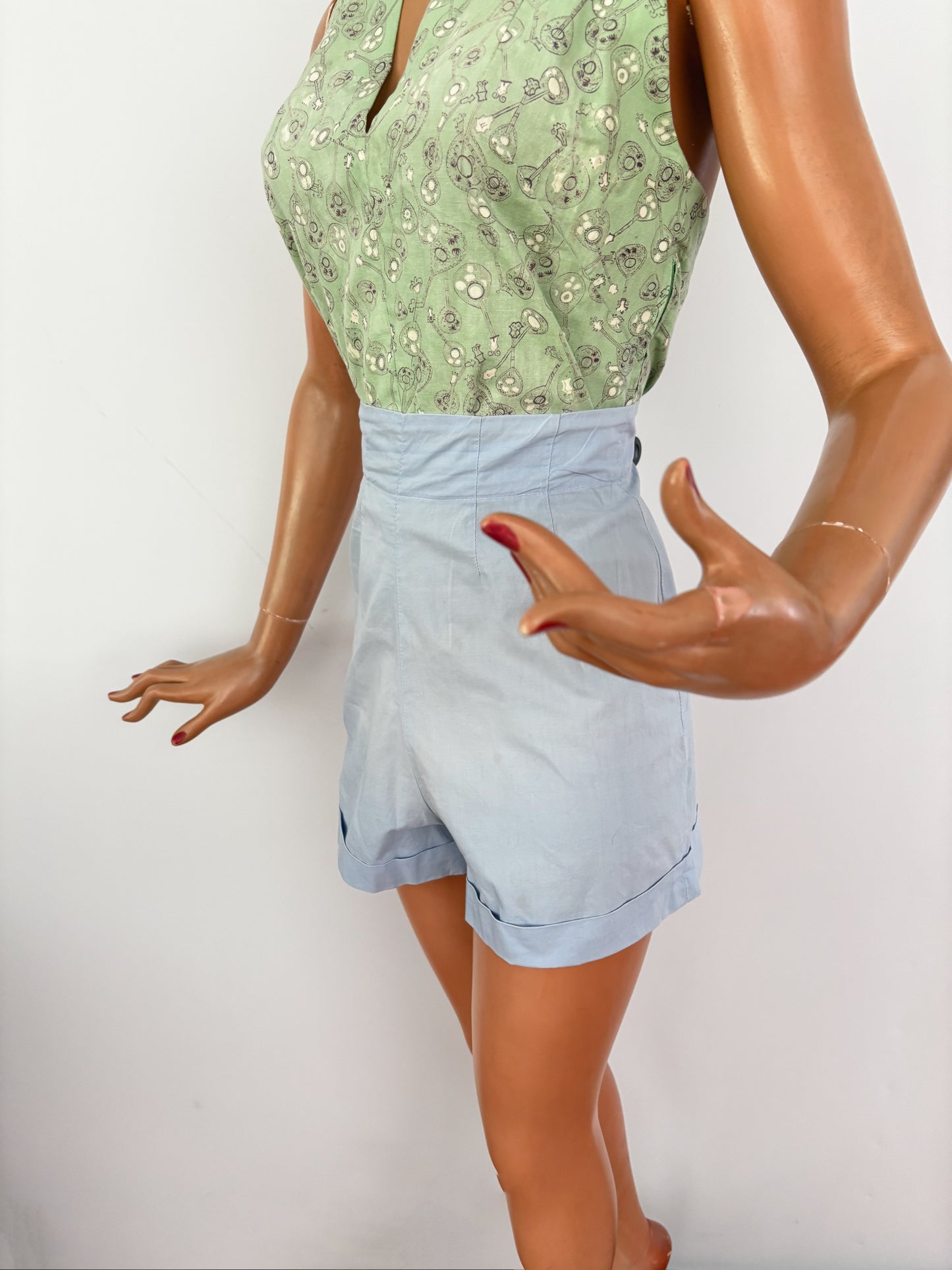 XS | 1950s Light Blue High-Waisted Cotton Shorts by Tony Owen