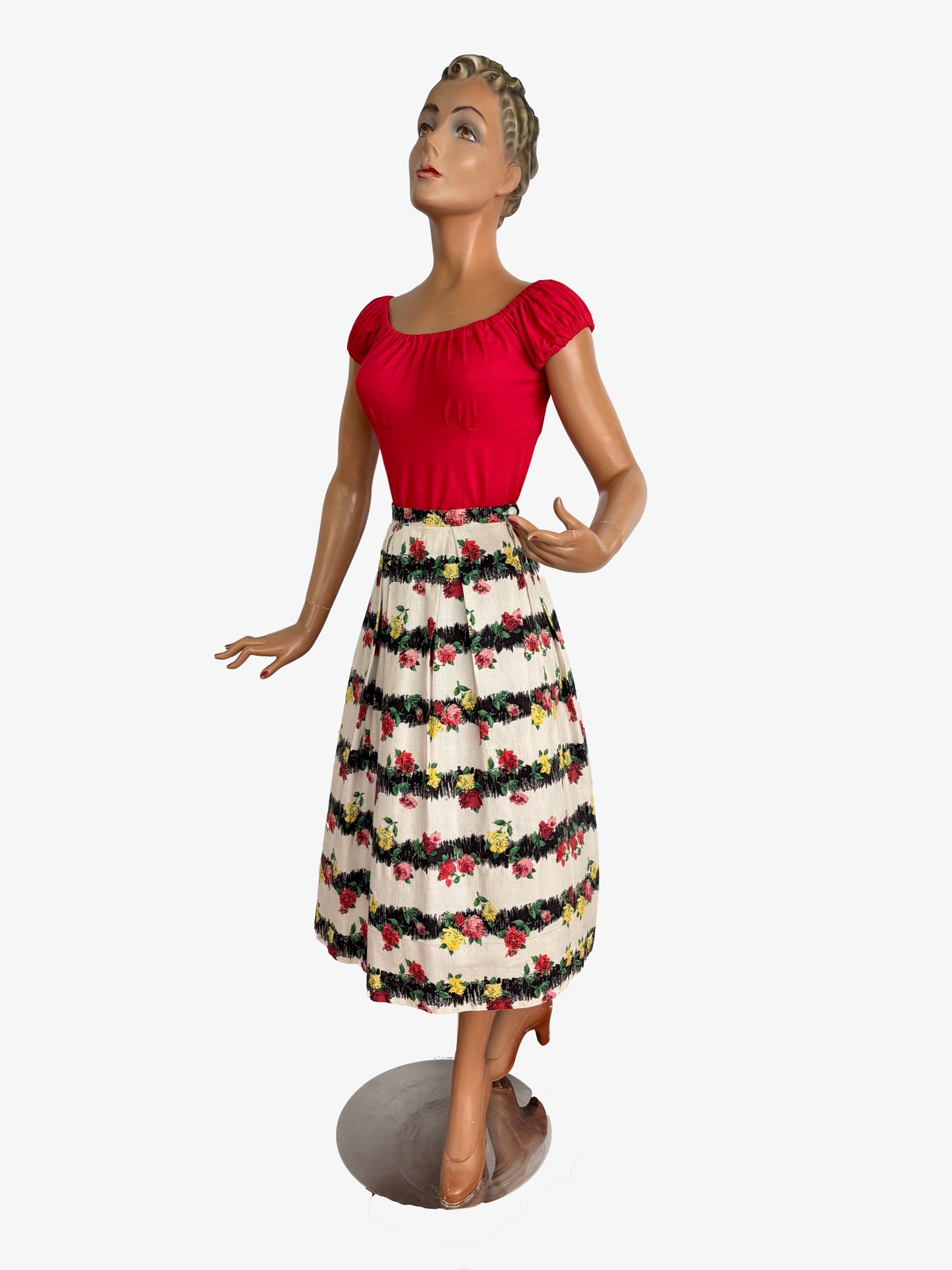 M | 1950s Floral Textured Cotton Skirt