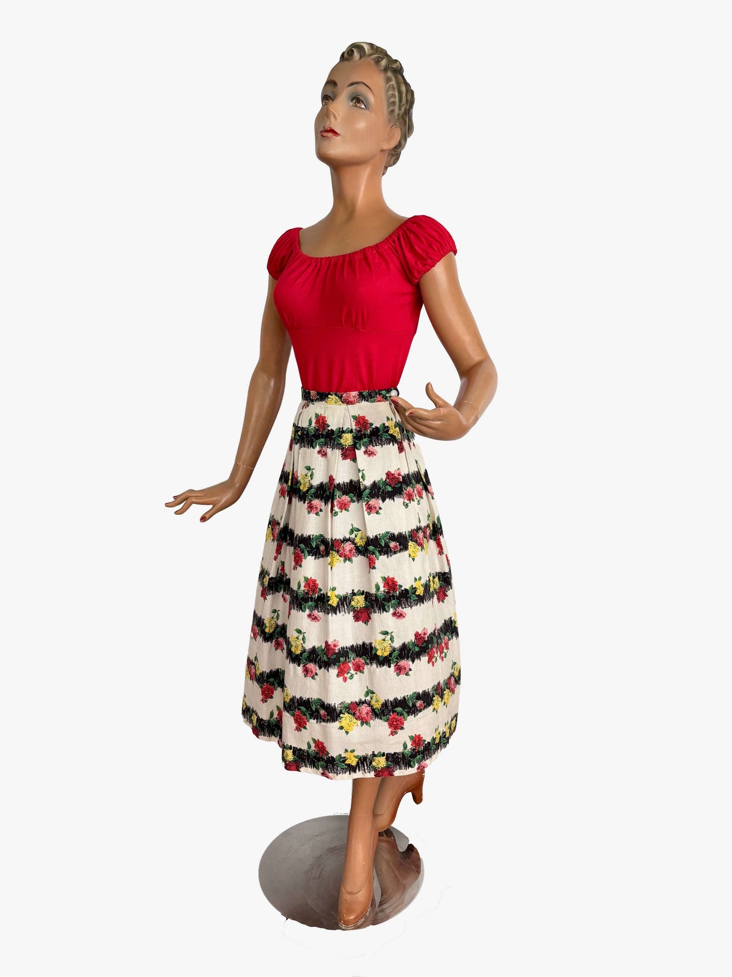 M | 1950s Floral Textured Cotton Skirt Lily Scarlet