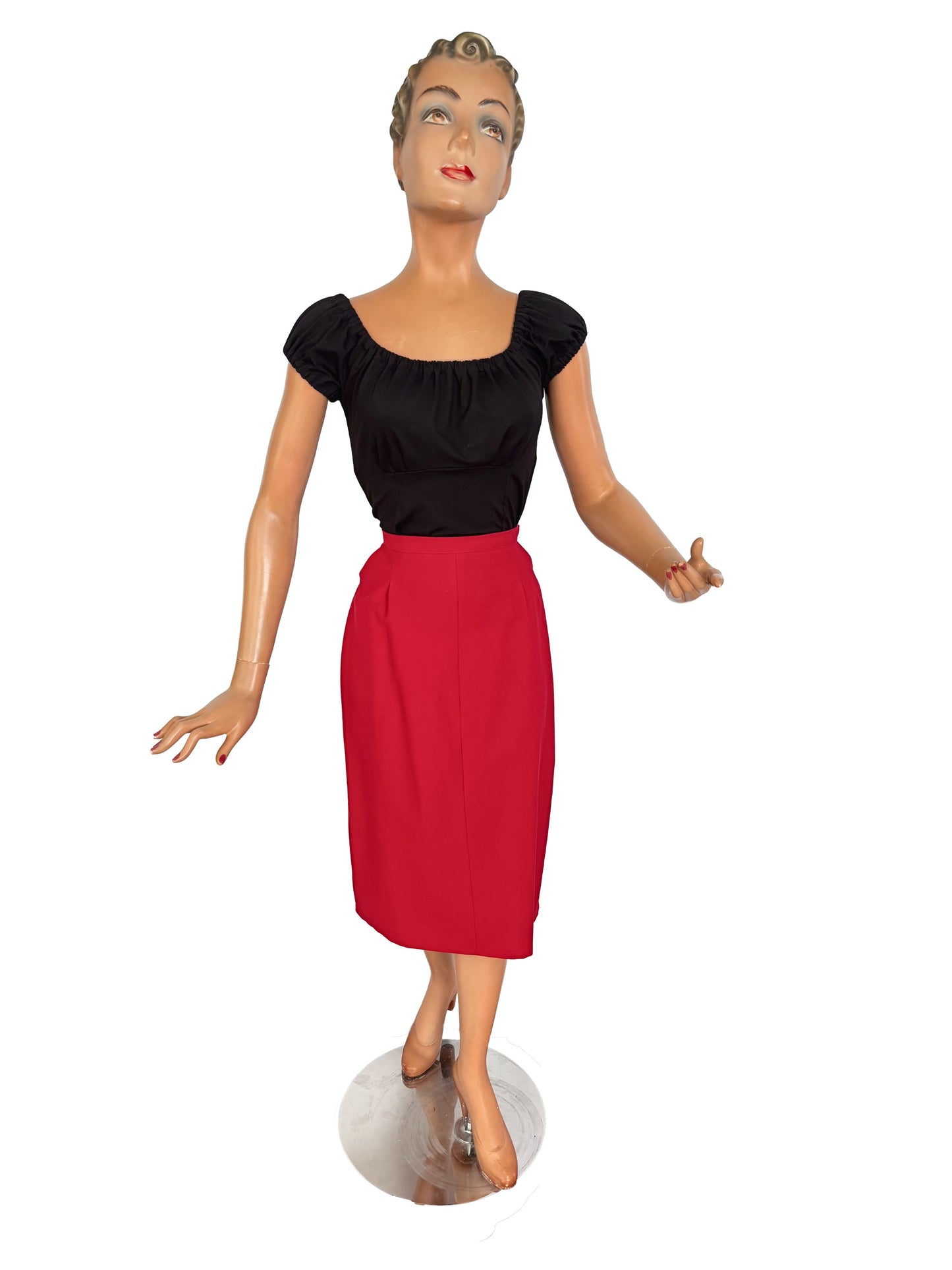 S | 1940s Style Red Wool Gabardine Skirt
