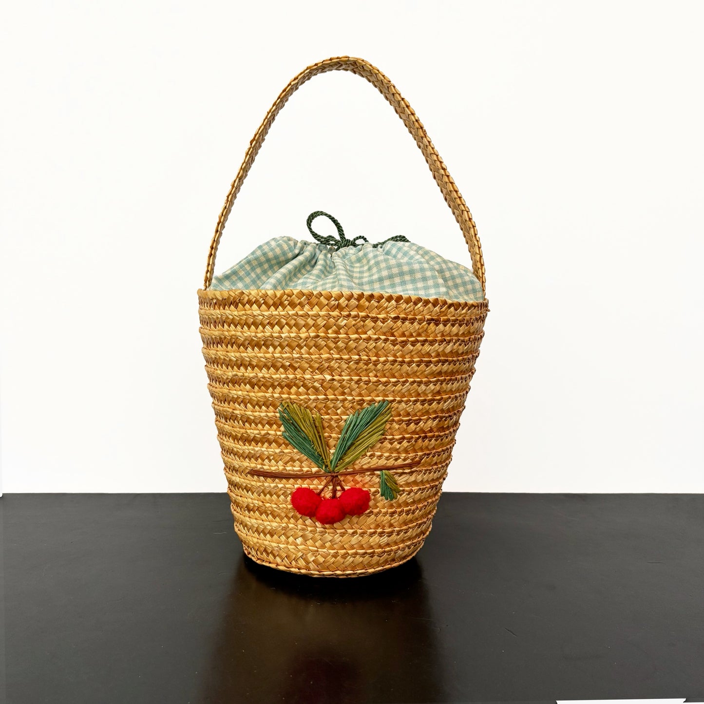 Vintage 1950s Straw Bucket Bag with Cherry Appliqué