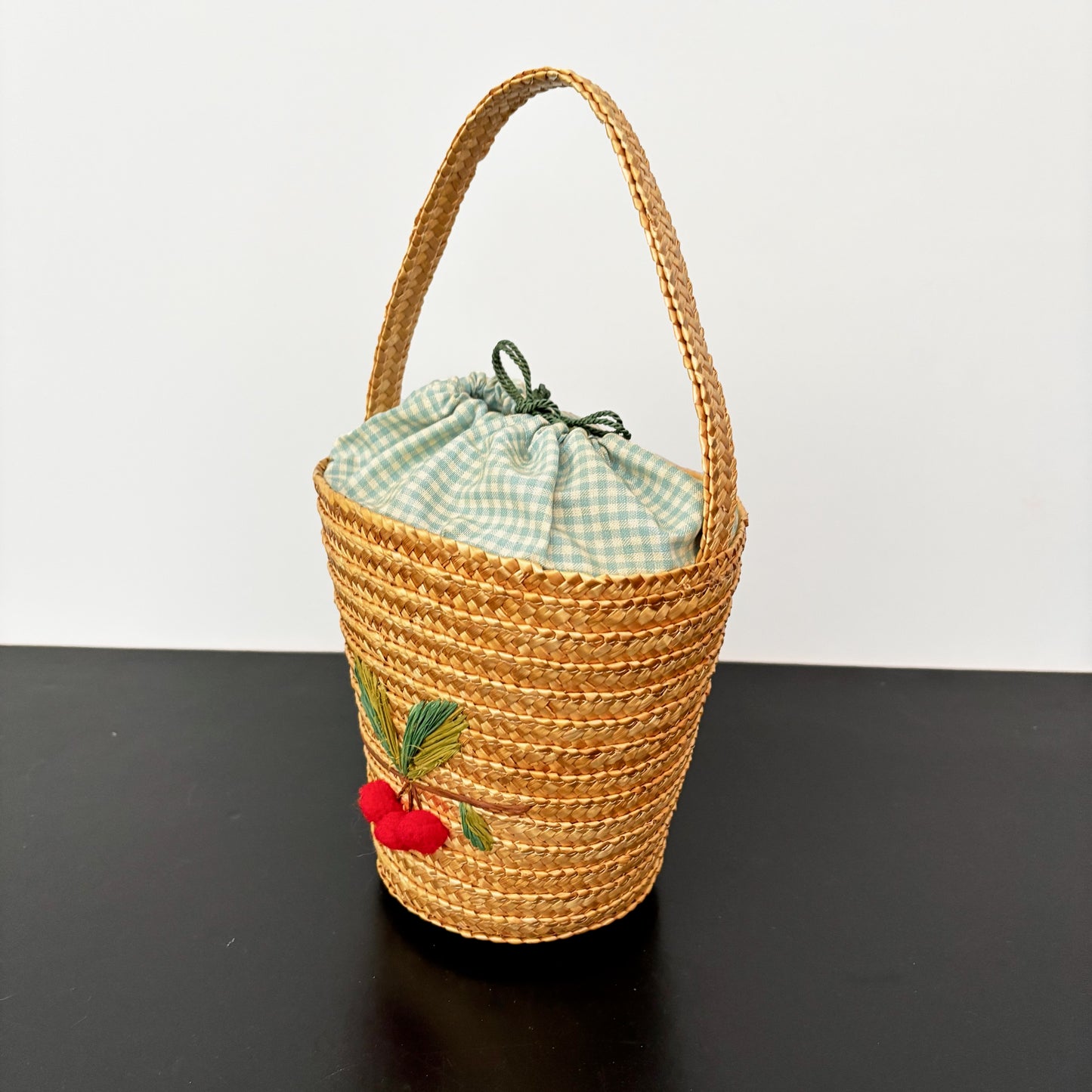 Vintage 1950s Straw Bucket Bag with Cherry Appliqué